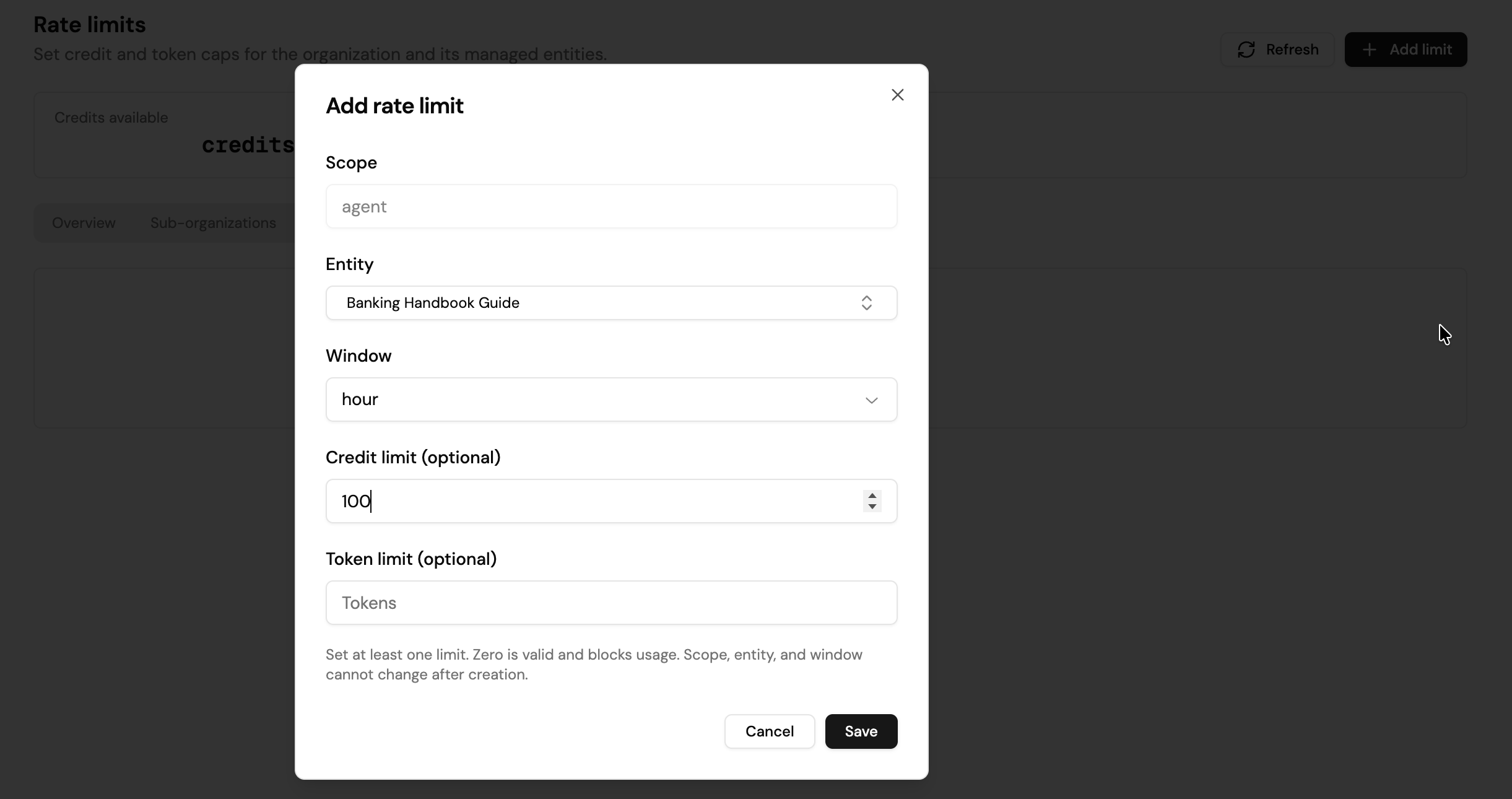 Screenshot of the Rate limits page with the Add rate limit modal open, showing Scope, Entity, Window, Credit limit, and Token limit fields, a Save button, and the Sub-organizations tab visible behind the modal.