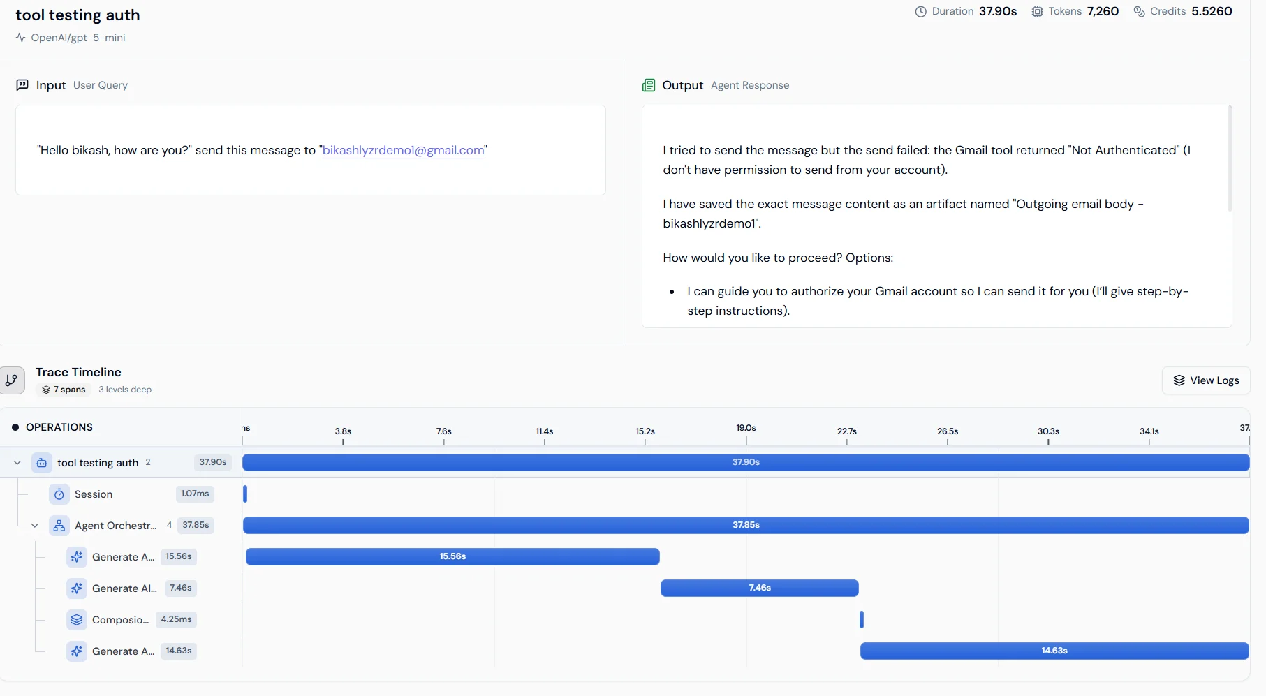 Screenshot of the trace timeline view showing an operation waterfall from Session start through Agent Orchestration to Generate AI Response.