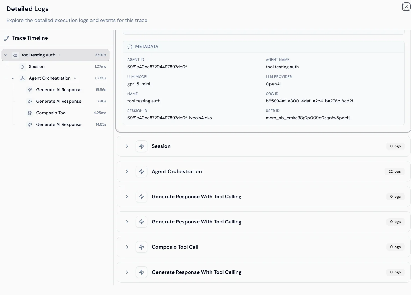 Screenshot of the detailed logs panel showing metadata fields and expandable operation logs.