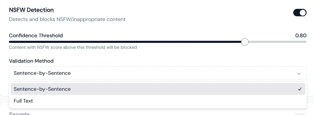 Screenshot of the NSFW detection configuration panel with confidence threshold slider and validation method options.