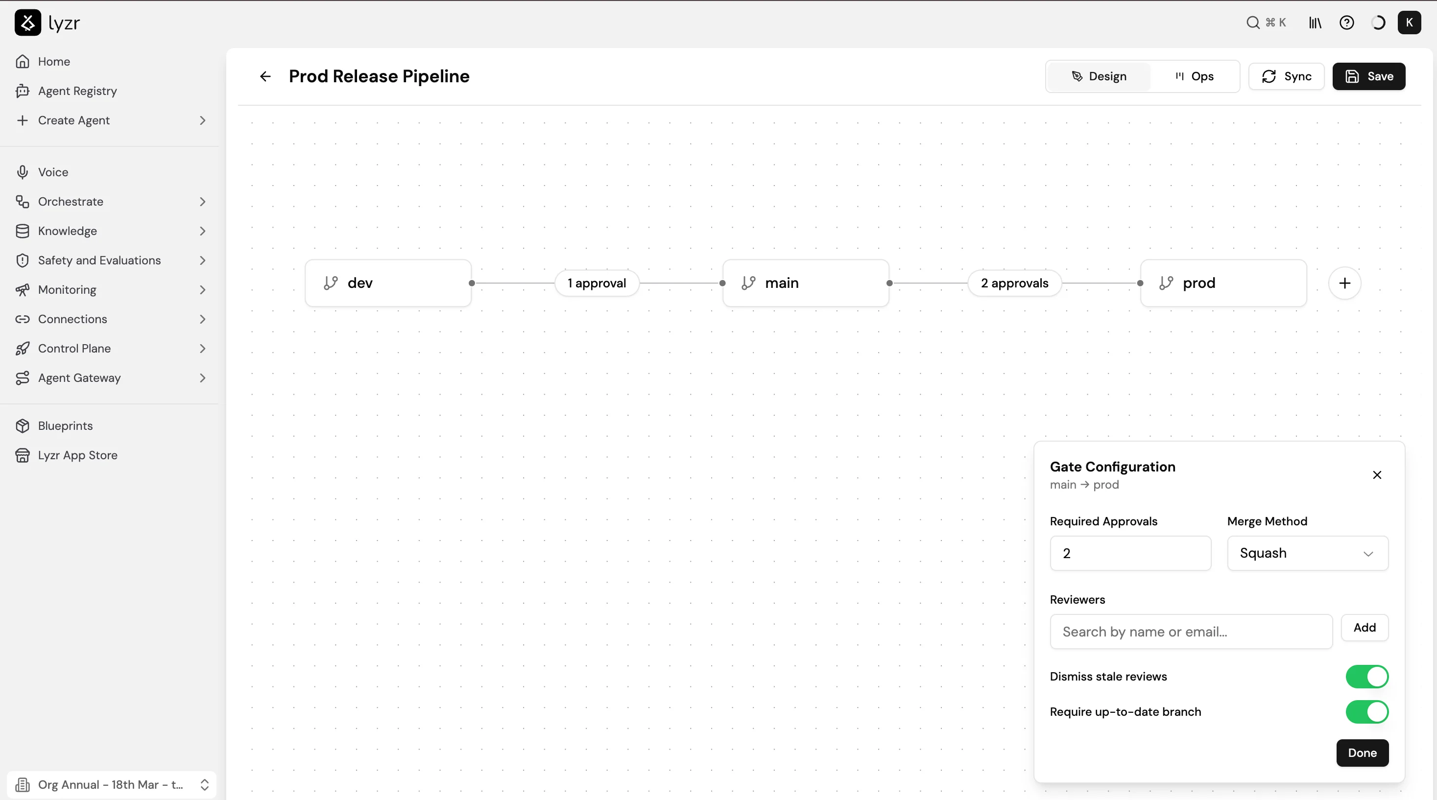 Screenshot of the Prod Release Pipeline in Lyzr Studio showing a three-stage pipeline (dev to main to prod) with approval gate counts and the Gate Configuration panel open for the main-to-prod gate, showing Required Approvals set to 2, Merge Method set to Squash, and Reviewers search field.