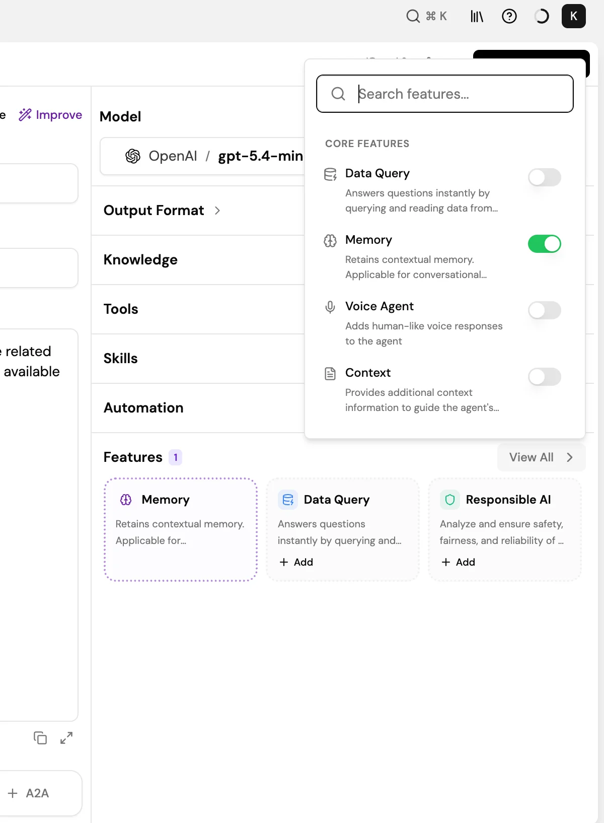 Screenshot of the agent feature picker in Agent Studio showing Core Features including Data Query, Memory, Voice Agent, and Context, with Memory toggled on and Context available to enable.