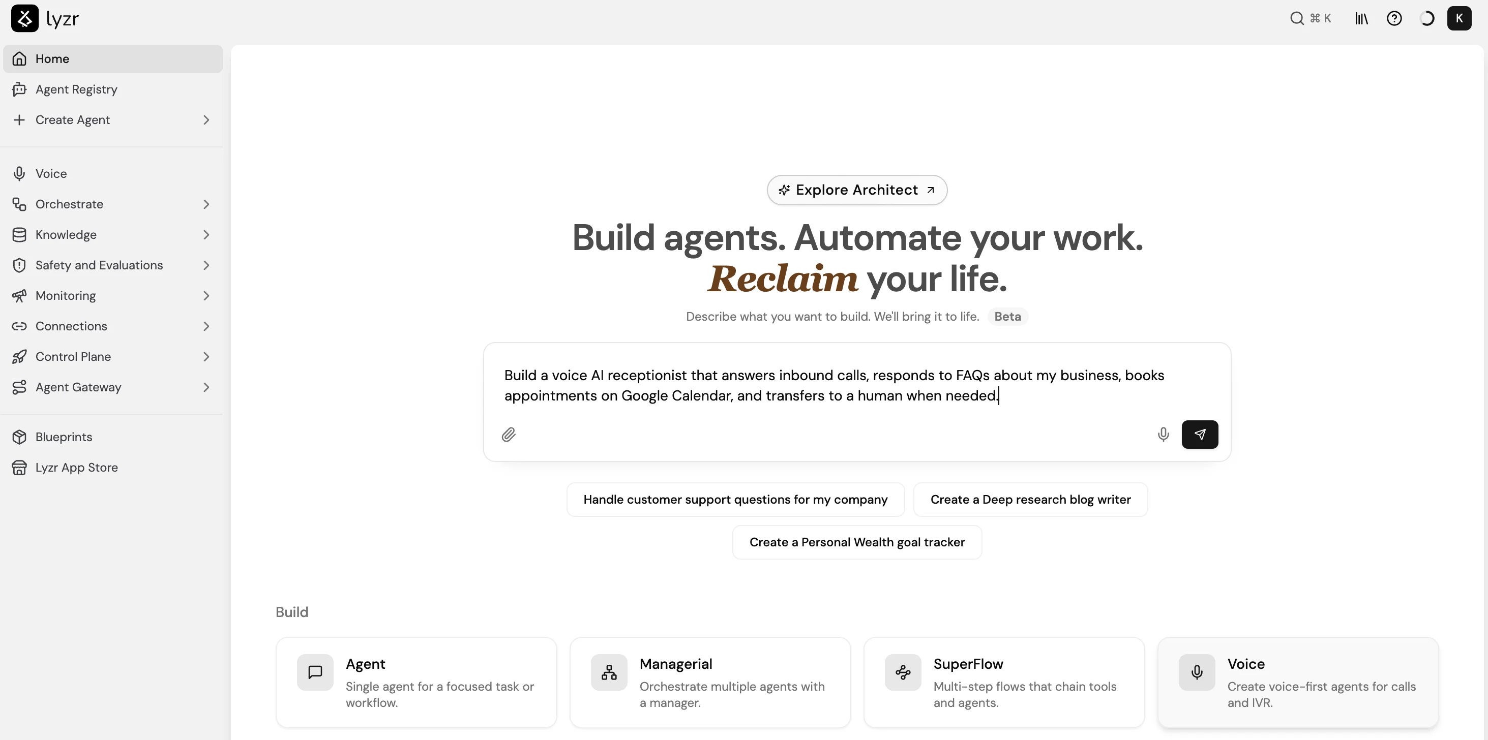 Screenshot of the Conversational Builder interface in Agent Studio, showing a natural language prompt input and Studio follow-up questions below it.