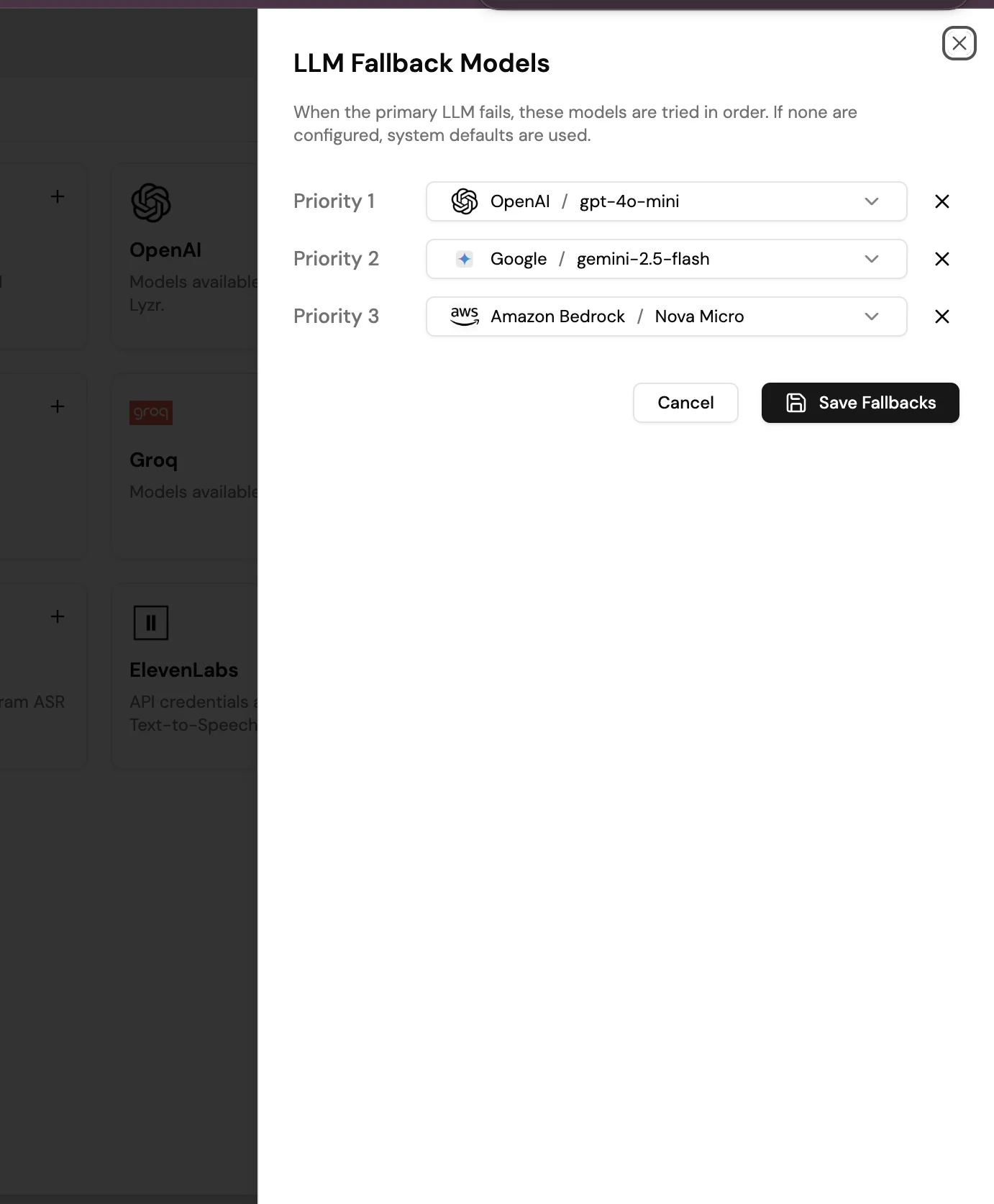 Screenshot of the LLM Fallback Models modal showing Priority 1 set to OpenAI / gpt-4o-mini, Priority 2 set to Google / gemini-2.5-flash, and Priority 3 set to Amazon Bedrock / Nova Micro, with a Save Fallbacks button.