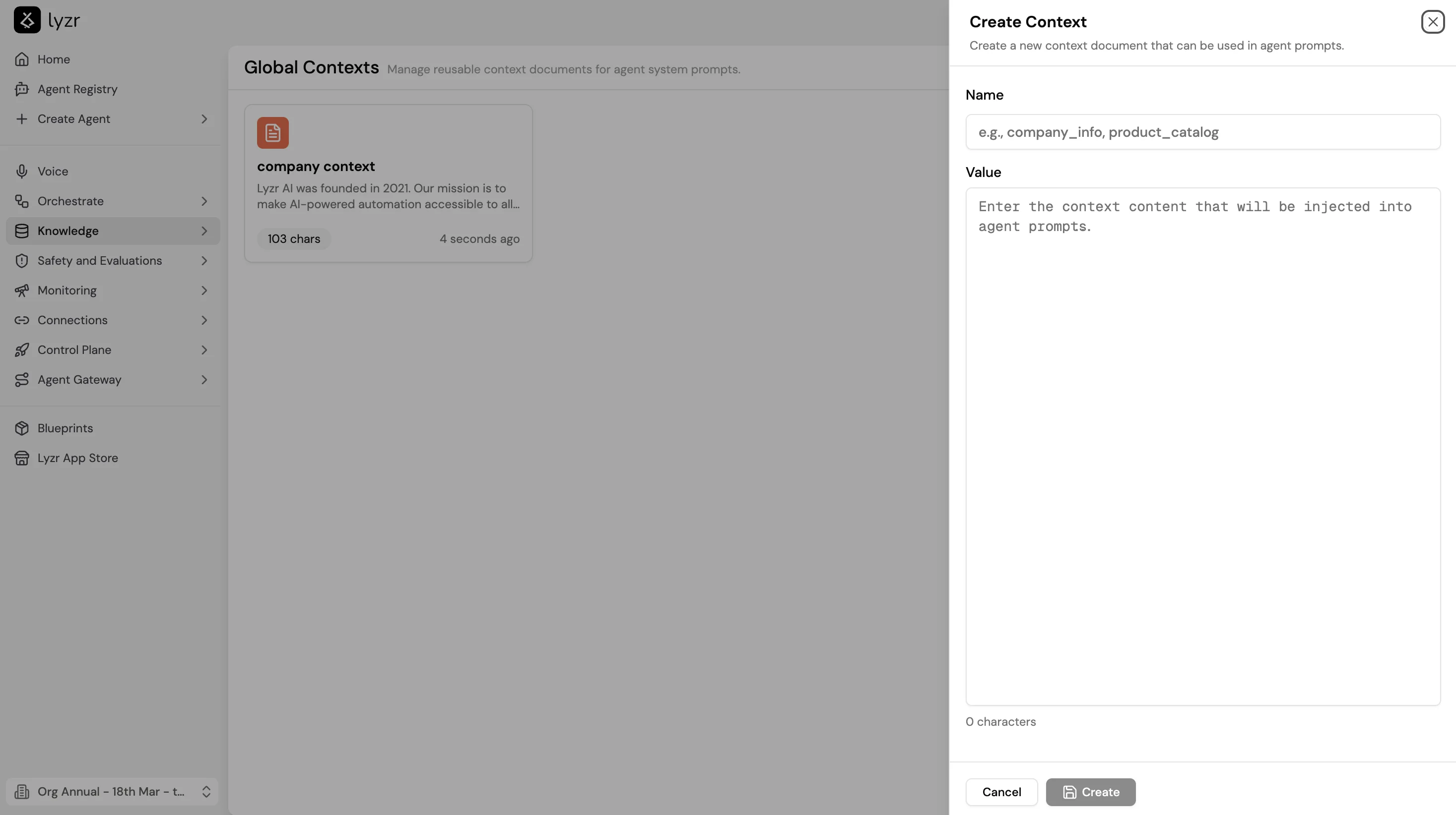 Screenshot of the Global Contexts page in Lyzr Studio showing an existing context document card and the Create Context panel open on the right with Name and Value fields.