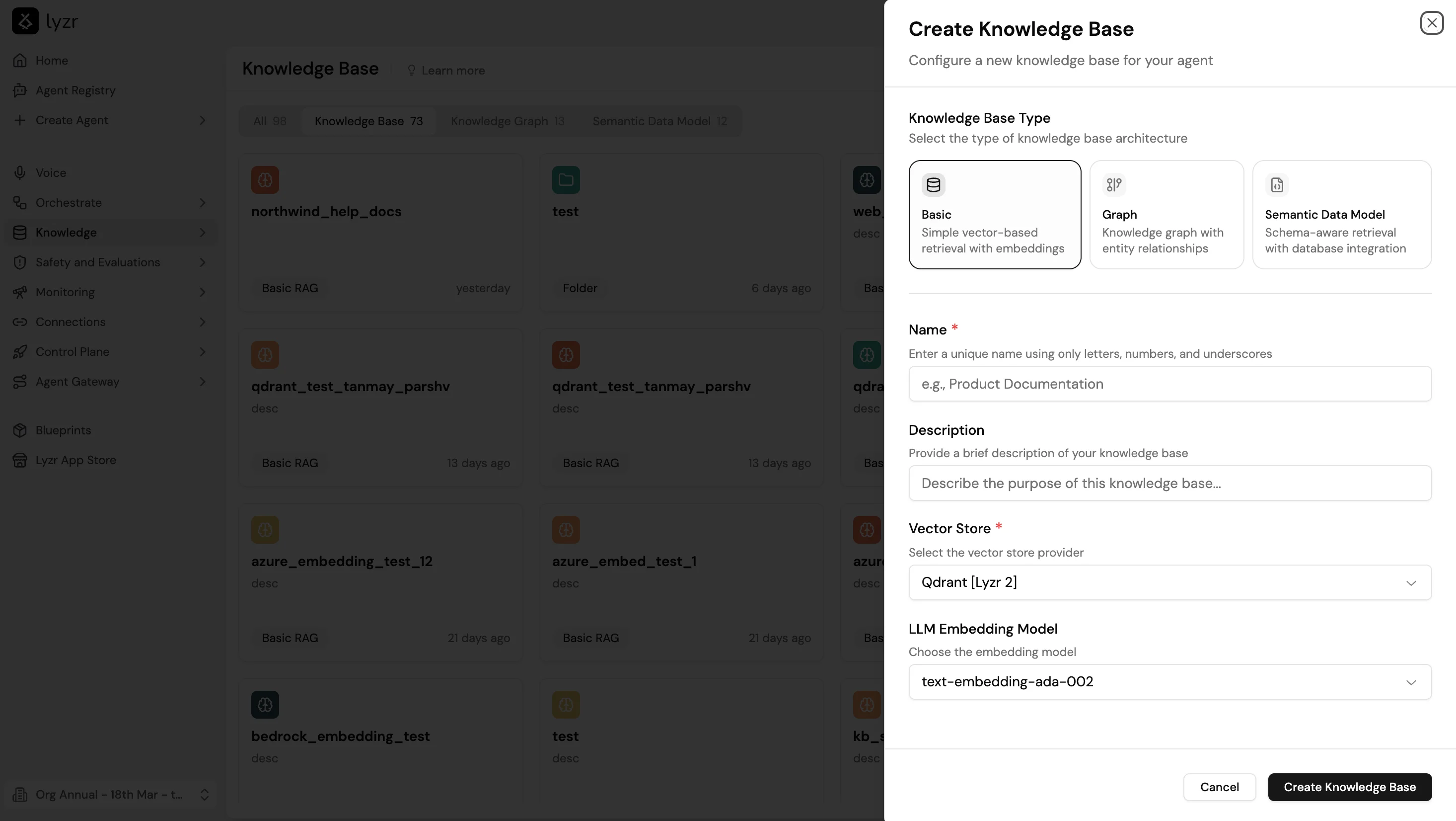 Screenshot of the Create Knowledge Base modal showing the three KB type options (Basic, Graph, Semantic Data Model), a Name field, Description field, Vector Store selector set to Qdrant, and LLM Embedding Model selector.