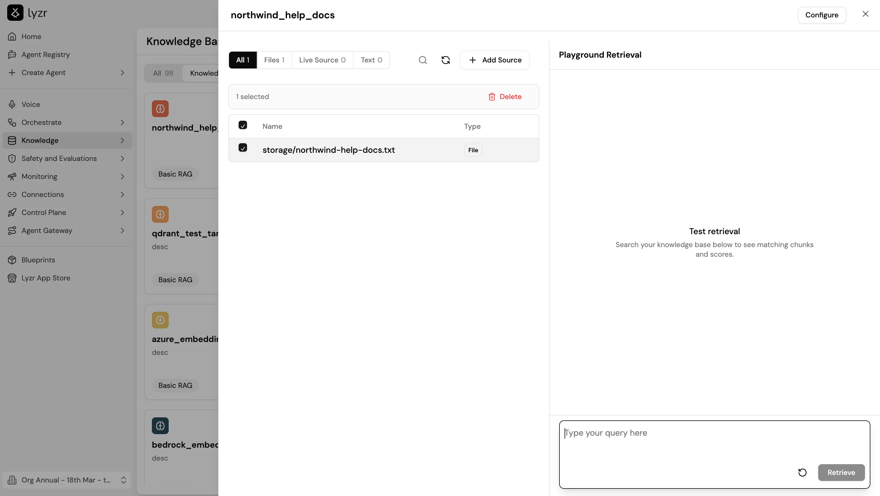 Screenshot of the Knowledge Base detail view showing a file list on the left and the Playground Retrieval panel on the right with a query input field and a Retrieve button.