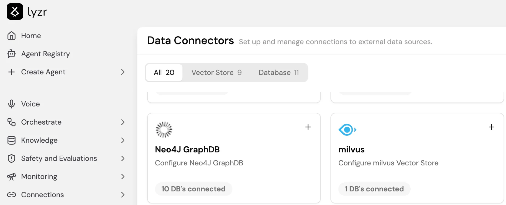 Screenshot of the Data Connectors page in Lyzr Studio showing the Neo4J GraphDB card with a + button and a count of connected databases.