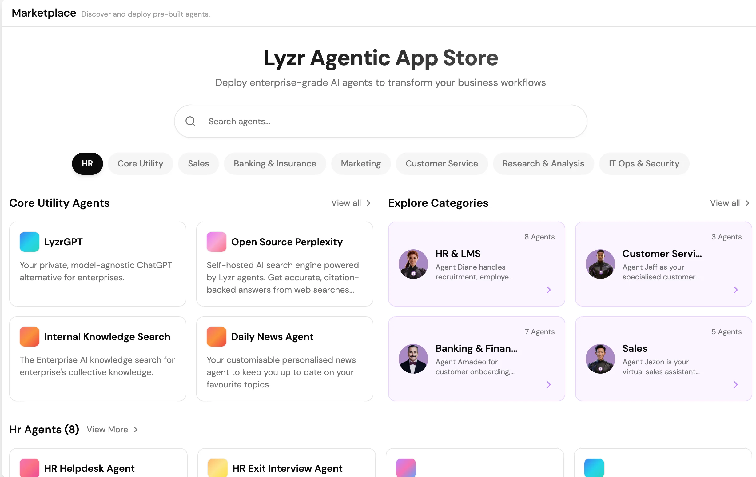 Screenshot of the Lyzr App Store showing category filter tabs and application cards, each with an app name, description, and a Deploy to Workspace button.