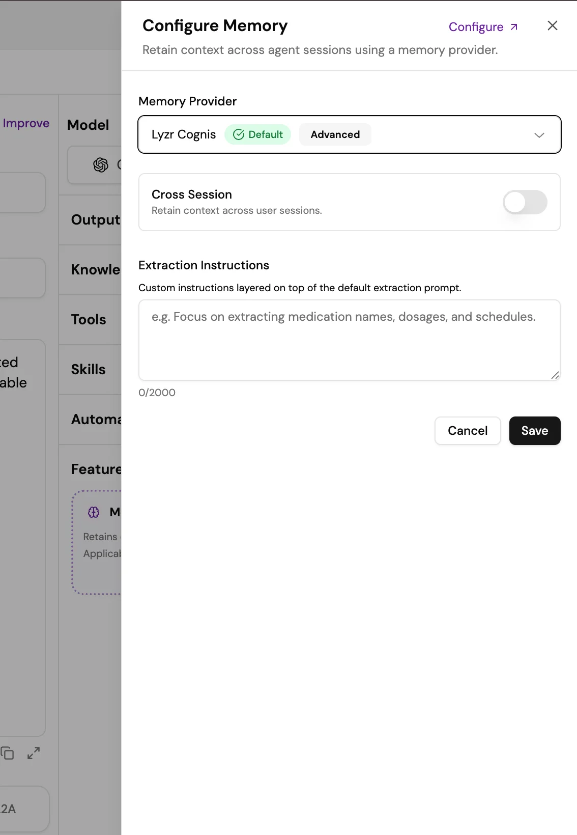 Screenshot of the Agent Builder Features section showing Memory, Data Query, and Responsible AI feature cards, with Memory selected and highlighted with a dashed border.