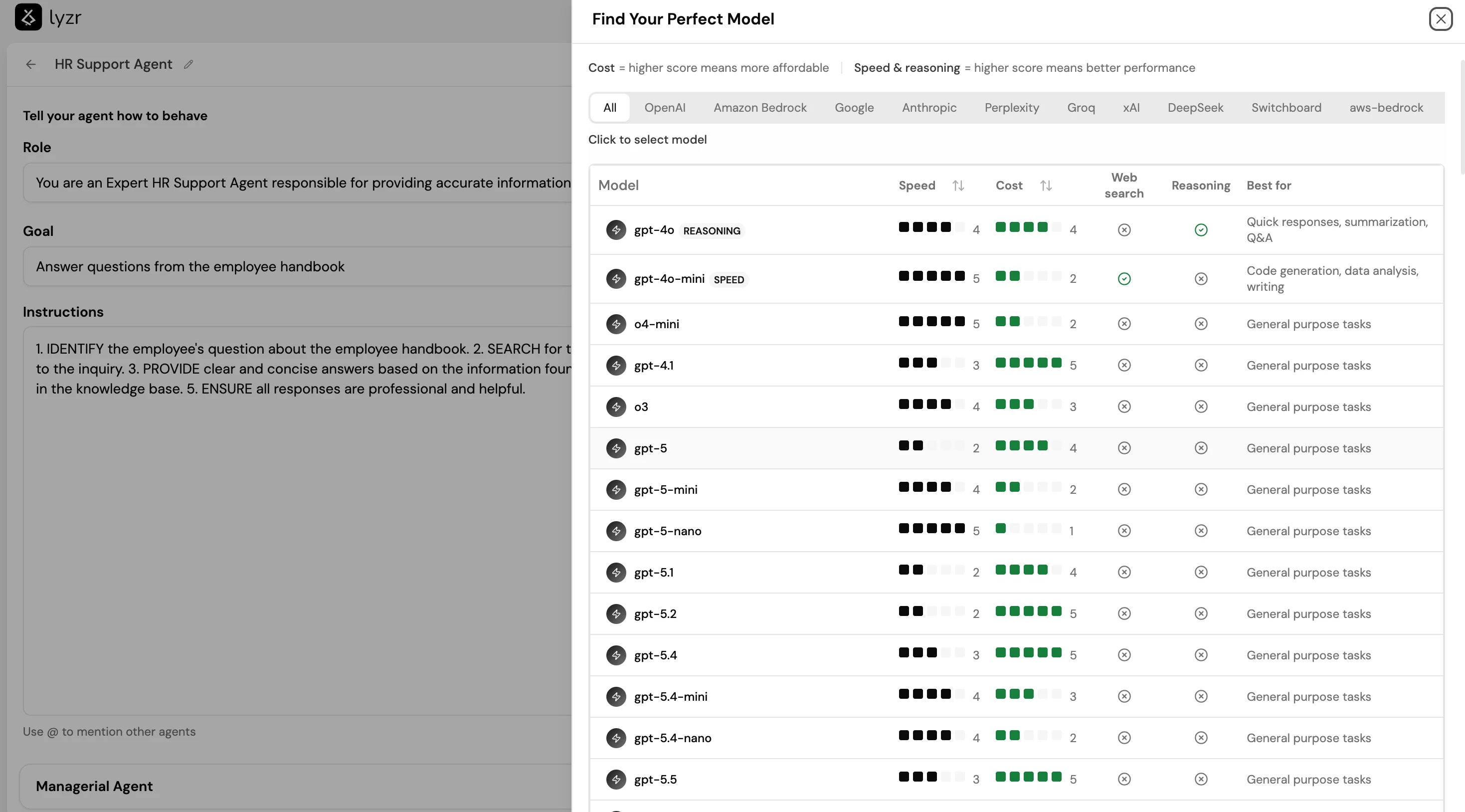 Screenshot of the Find Your Perfect Model panel in Agent Builder showing a sortable table of models with Speed, Cost, Web search, Reasoning, and Best for columns, with provider filter tabs across the top.