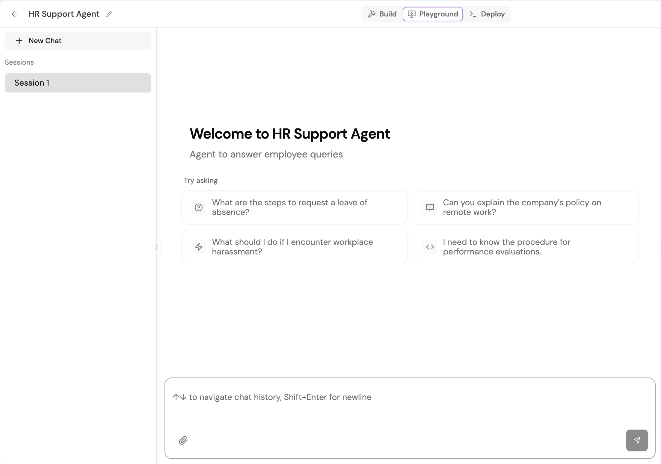 Screenshot of the Agent Playground showing an HR Support Agent with suggested prompts and a chat input.