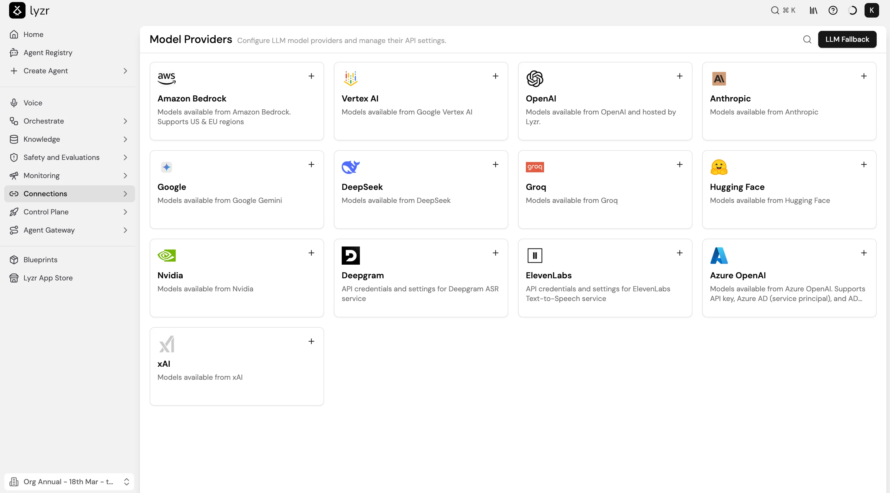 Screenshot of the Model Providers page in Lyzr Studio showing provider cards for Amazon Bedrock, Vertex AI, OpenAI, Anthropic, Google, DeepSeek, Groq, Hugging Face, Nvidia, Deepgram, ElevenLabs, Azure OpenAI, and xAI, each with a + button to connect.