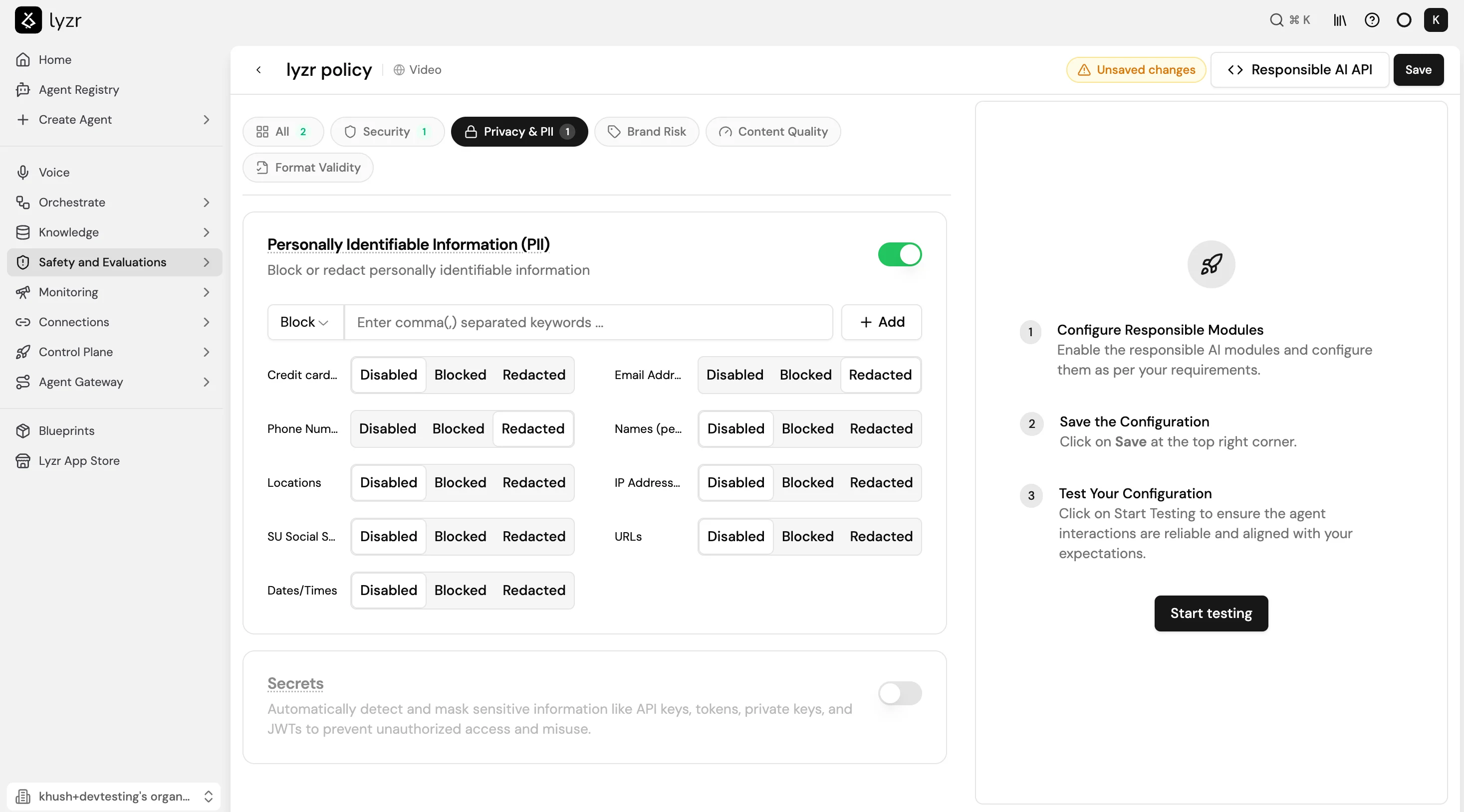Screenshot of the Responsible AI policy editor showing the Privacy and PII tab with PII detection enabled, per-field Disabled/Blocked/Redacted toggles for credit cards, email addresses, phone numbers, names, locations, IP addresses, social security numbers, URLs, and dates, and a right panel showing the three-step setup guide with a Start Testing button.