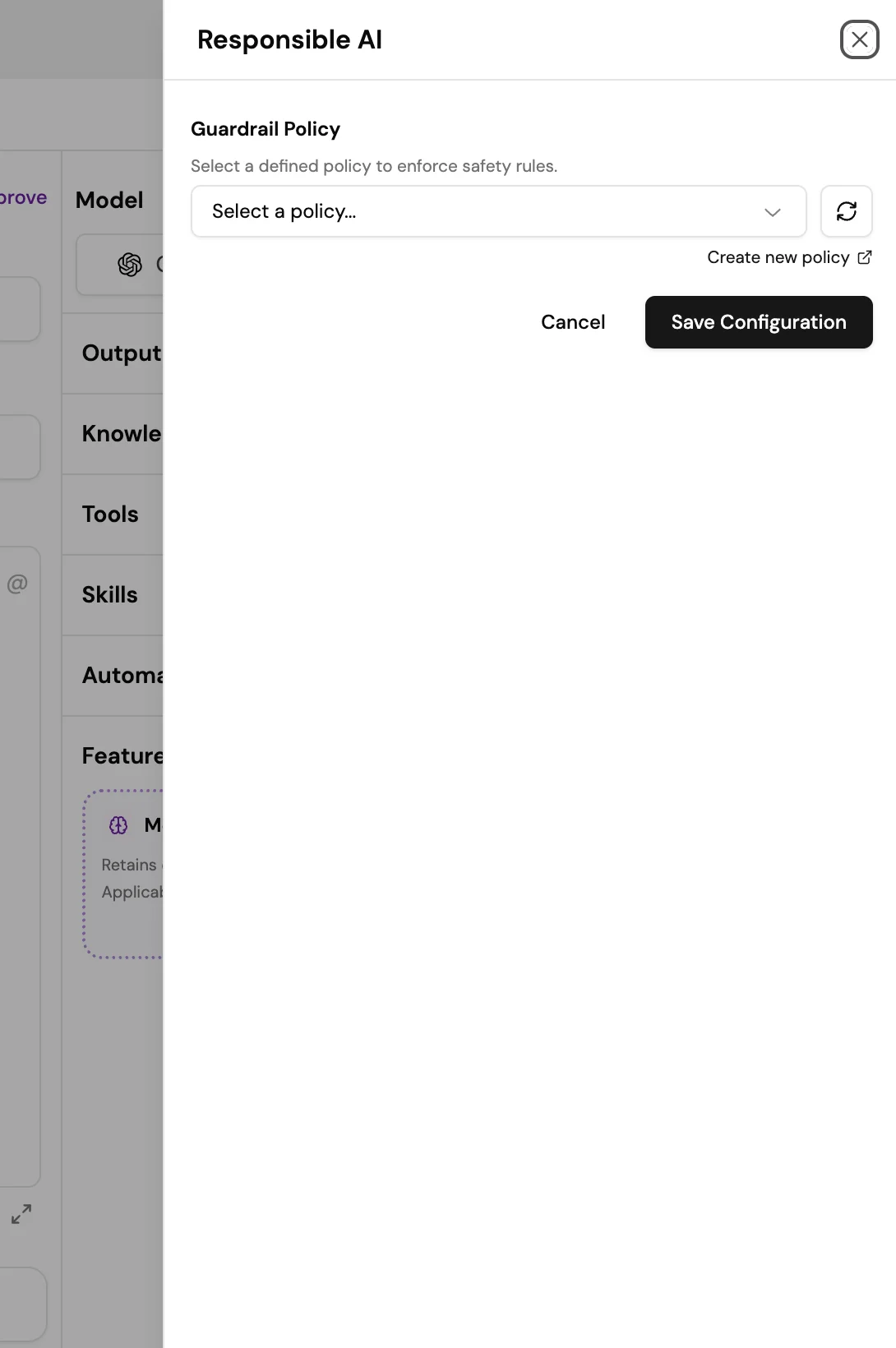 Screenshot of the Responsible AI panel in Agent Builder showing a Guardrail Policy dropdown with a policy selected, a Create new policy link, and a Save Configuration button.