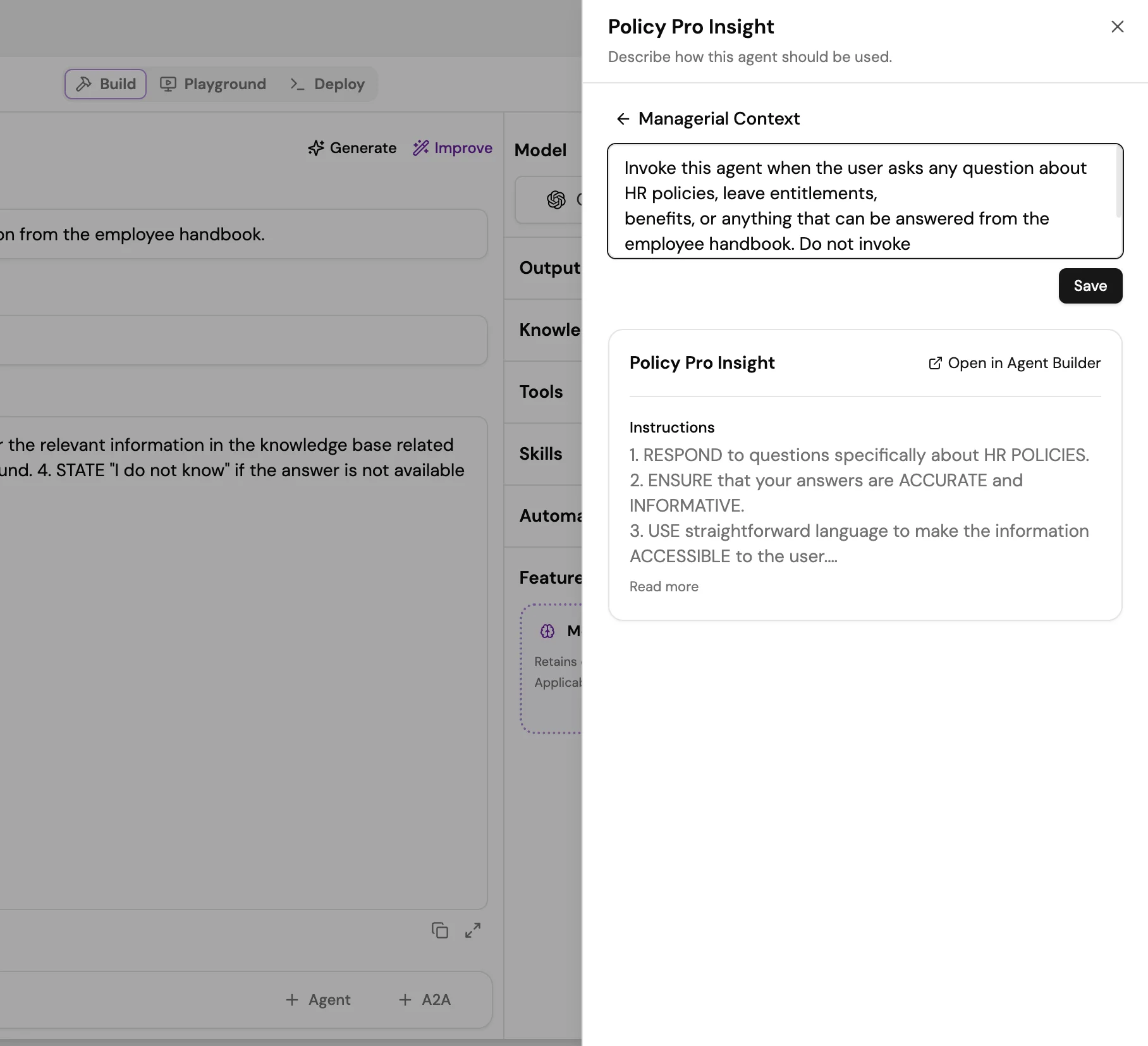 Screenshot of the Managerial Context panel for a sub-agent, showing the agent name, the Managerial Context text field with an example instruction, and a Save button.