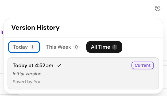 Screenshot of the Version History panel showing version timestamps, a Current badge, and Today/This Week/All Time filter tabs.