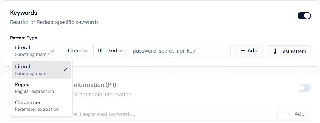 Screenshot of the keyword configuration panel showing pattern type and enforcement action options.