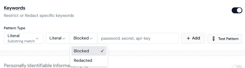 Screenshot of keyword rules listed with their enforcement actions.