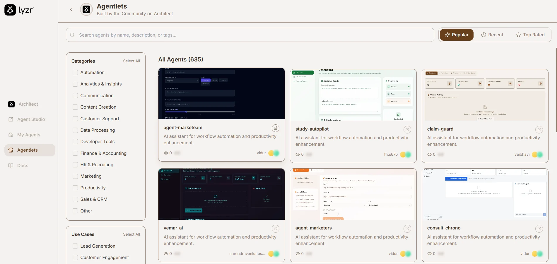 Agentlets Marketplace Interface