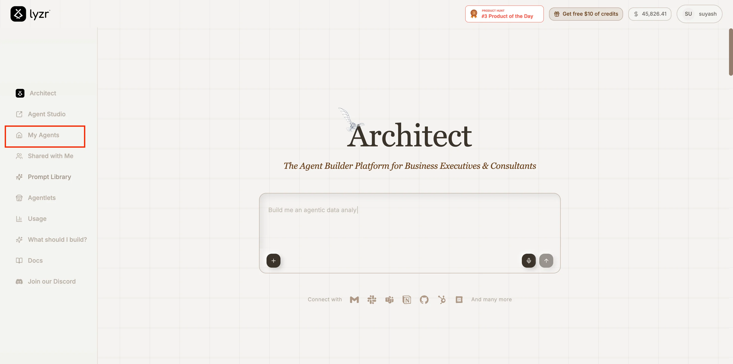 My Agents tab in the Architect homepage sidebar