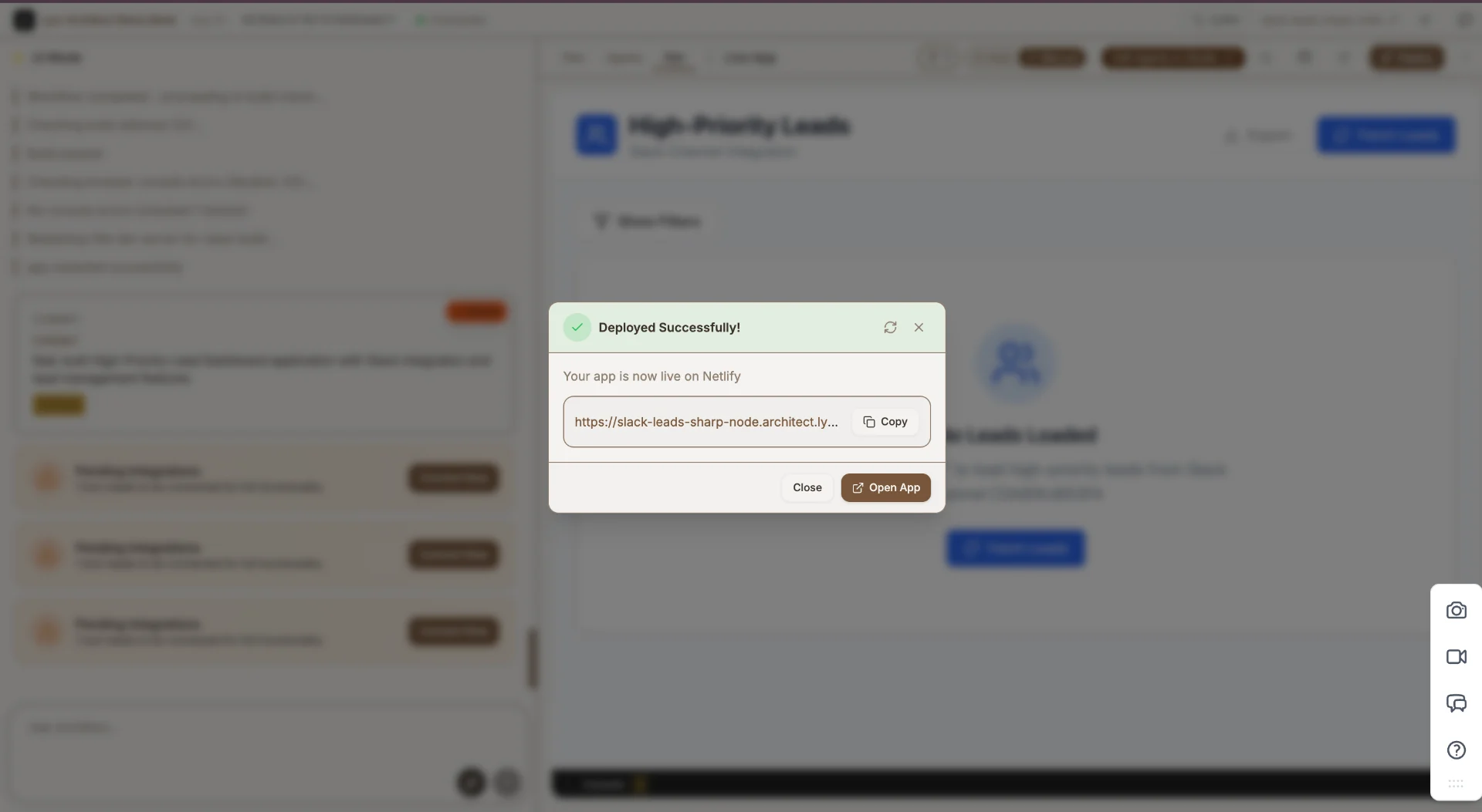 The deployment success dialog showing the live URL and options to copy or open the app