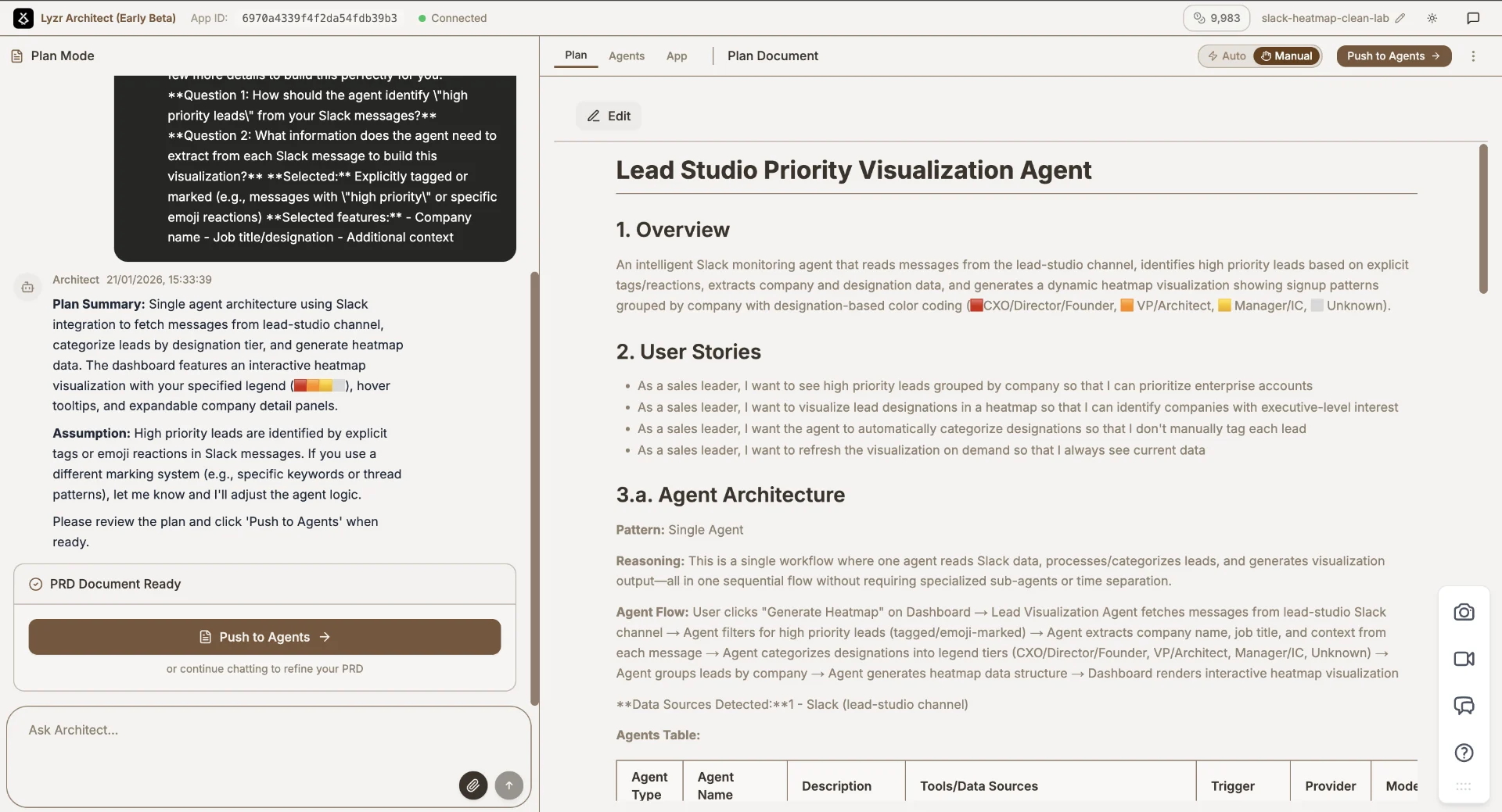 The Plan phase view showing the generated PRD with Approve and Chat/Edit options