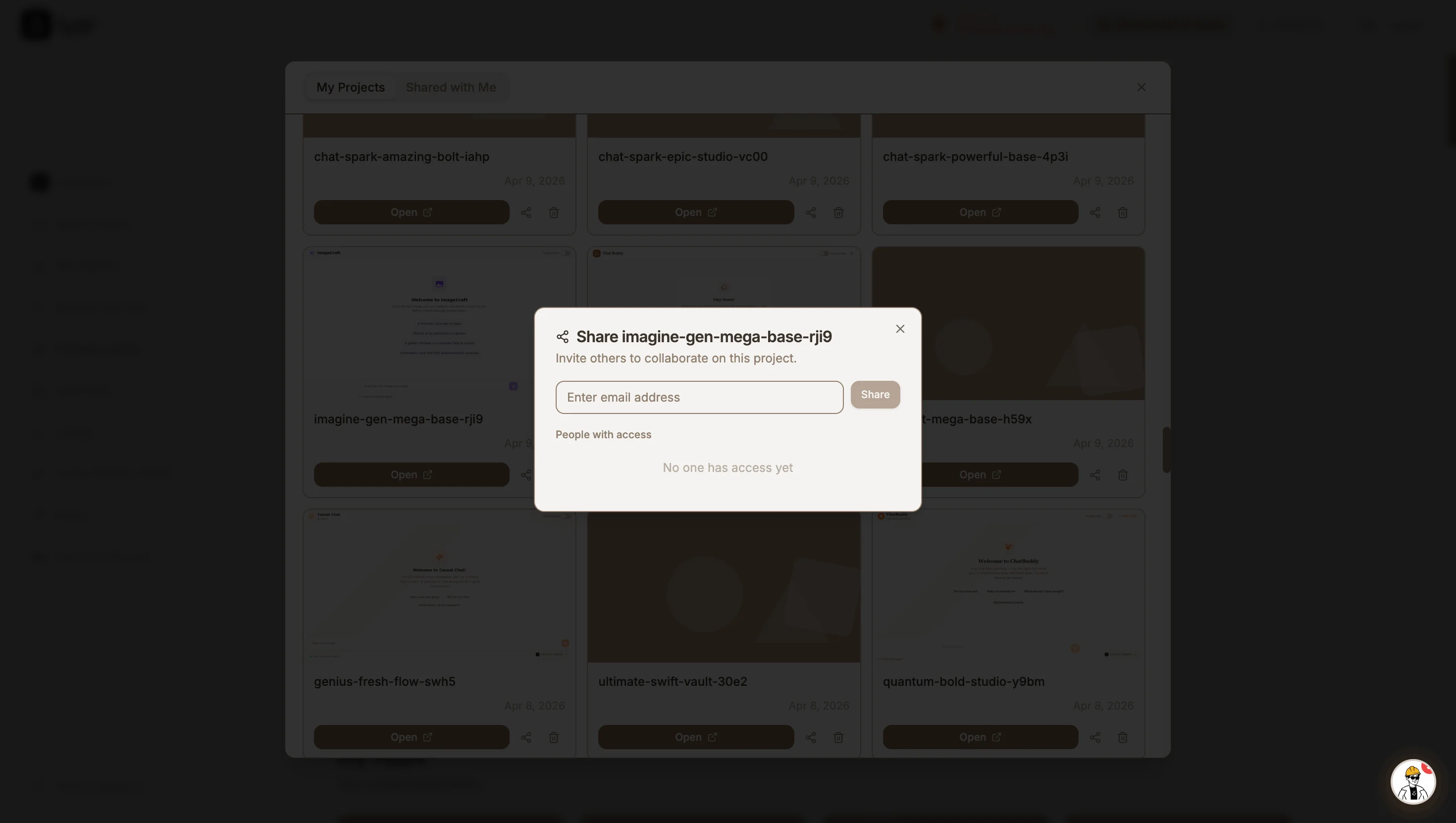 Share dialog prompting for a collaborator's email address