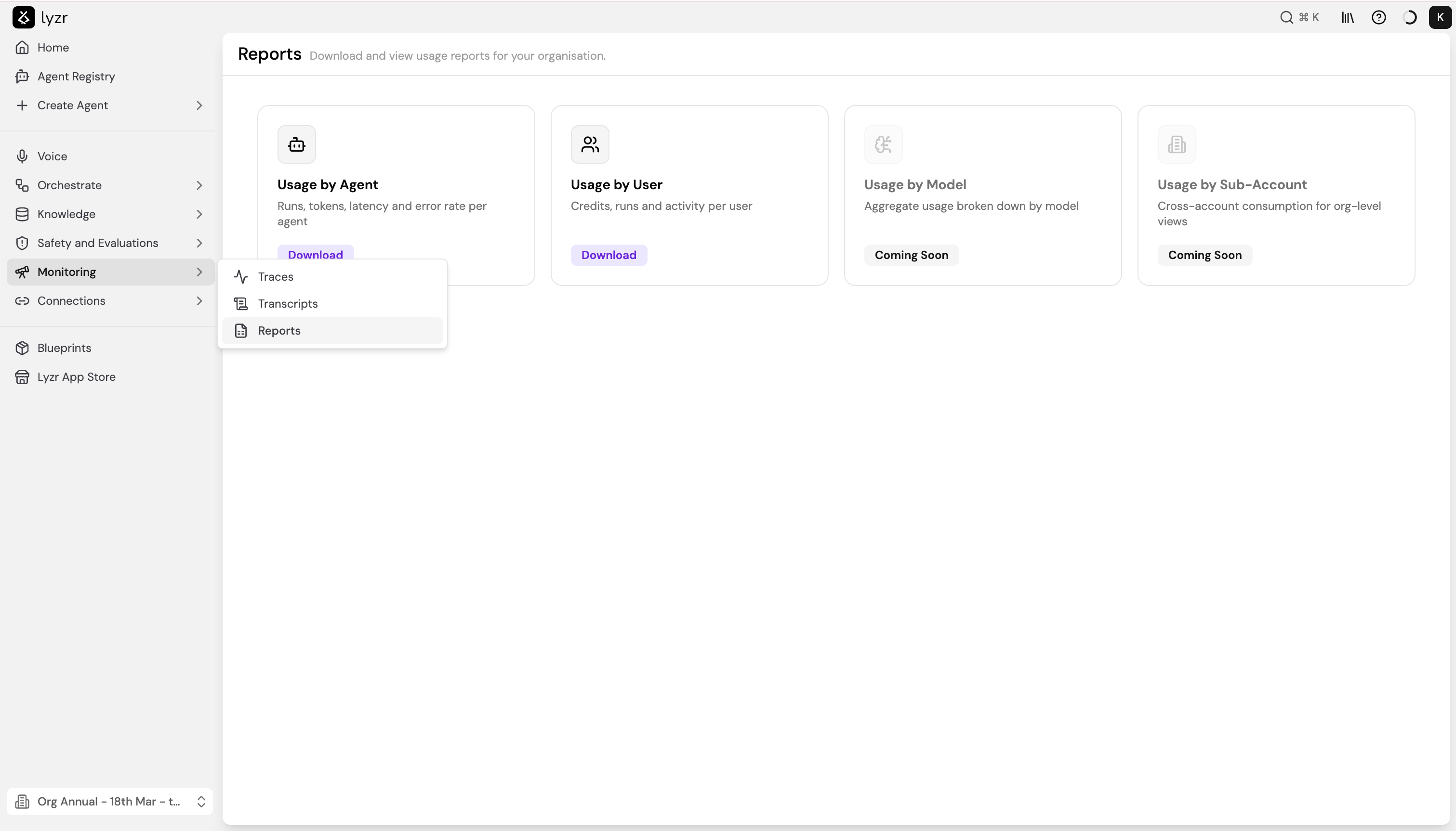 Reports overview showing Usage by Agent, Usage by User, Usage by Model and Usage by Sub-Account cards