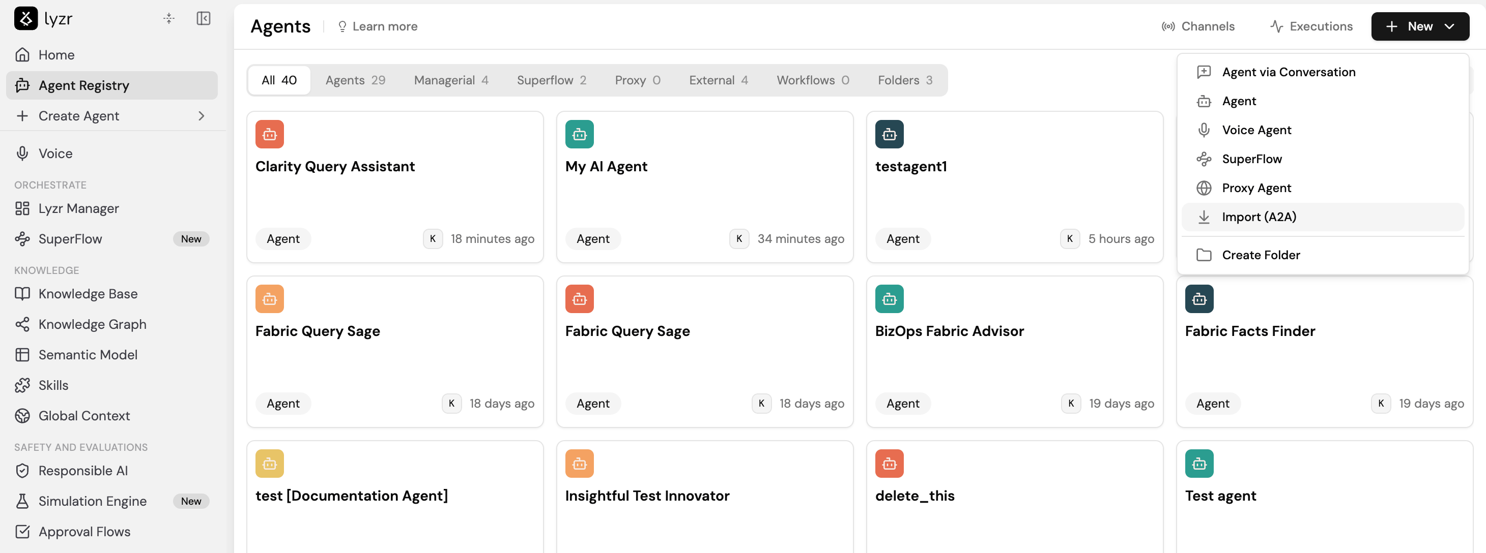 The Agent Registry New menu with the Import (A2A) option alongside Agent, Voice Agent, SuperFlow, and Proxy Agent.