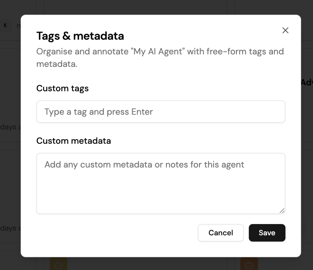 The Tags and metadata dialog showing a Custom tags input and a Custom metadata text area.