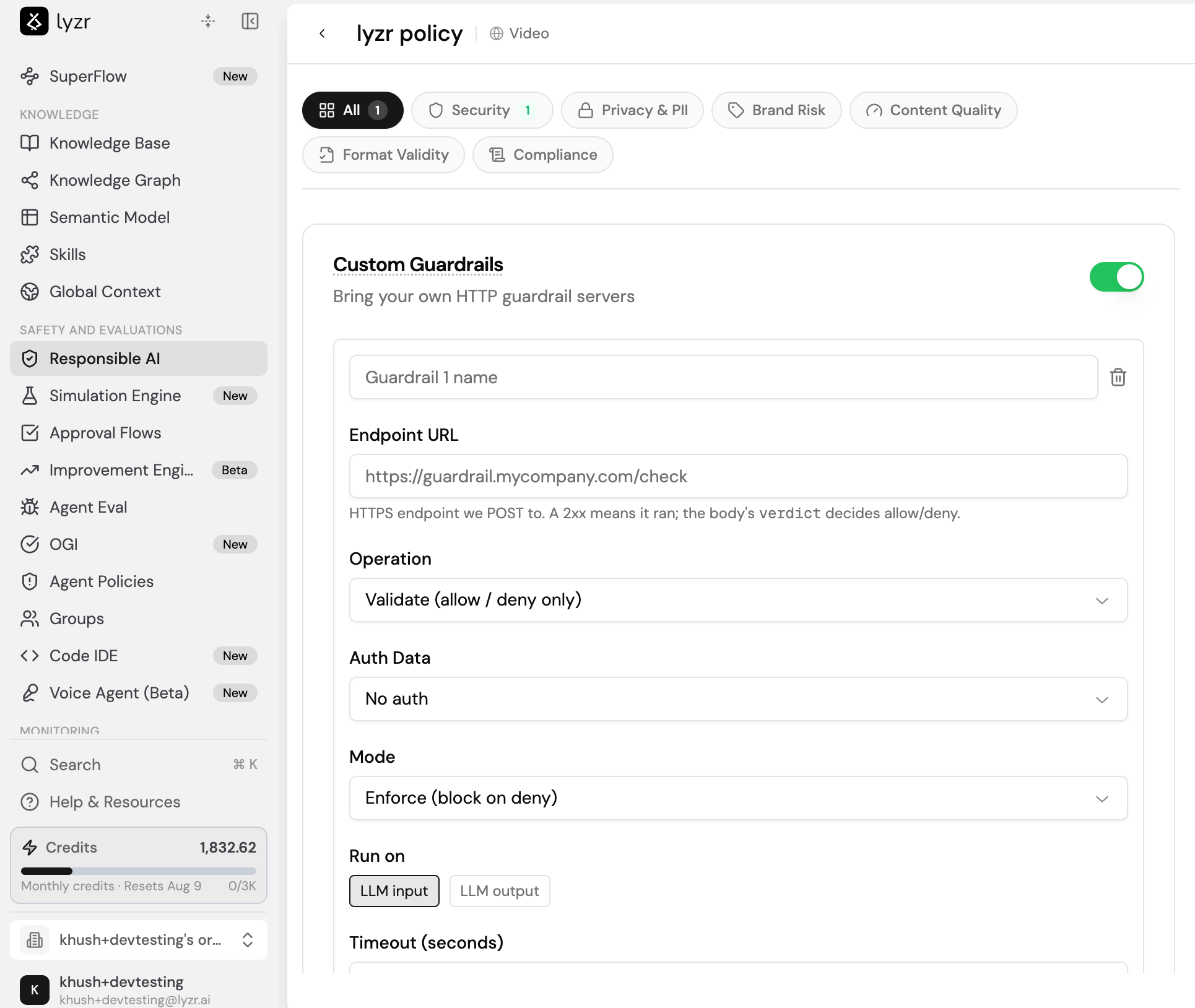 The Custom Guardrails category in the Responsible AI policy editor, showing the endpoint URL, operation, auth, mode, and run-on settings for a guardrail.