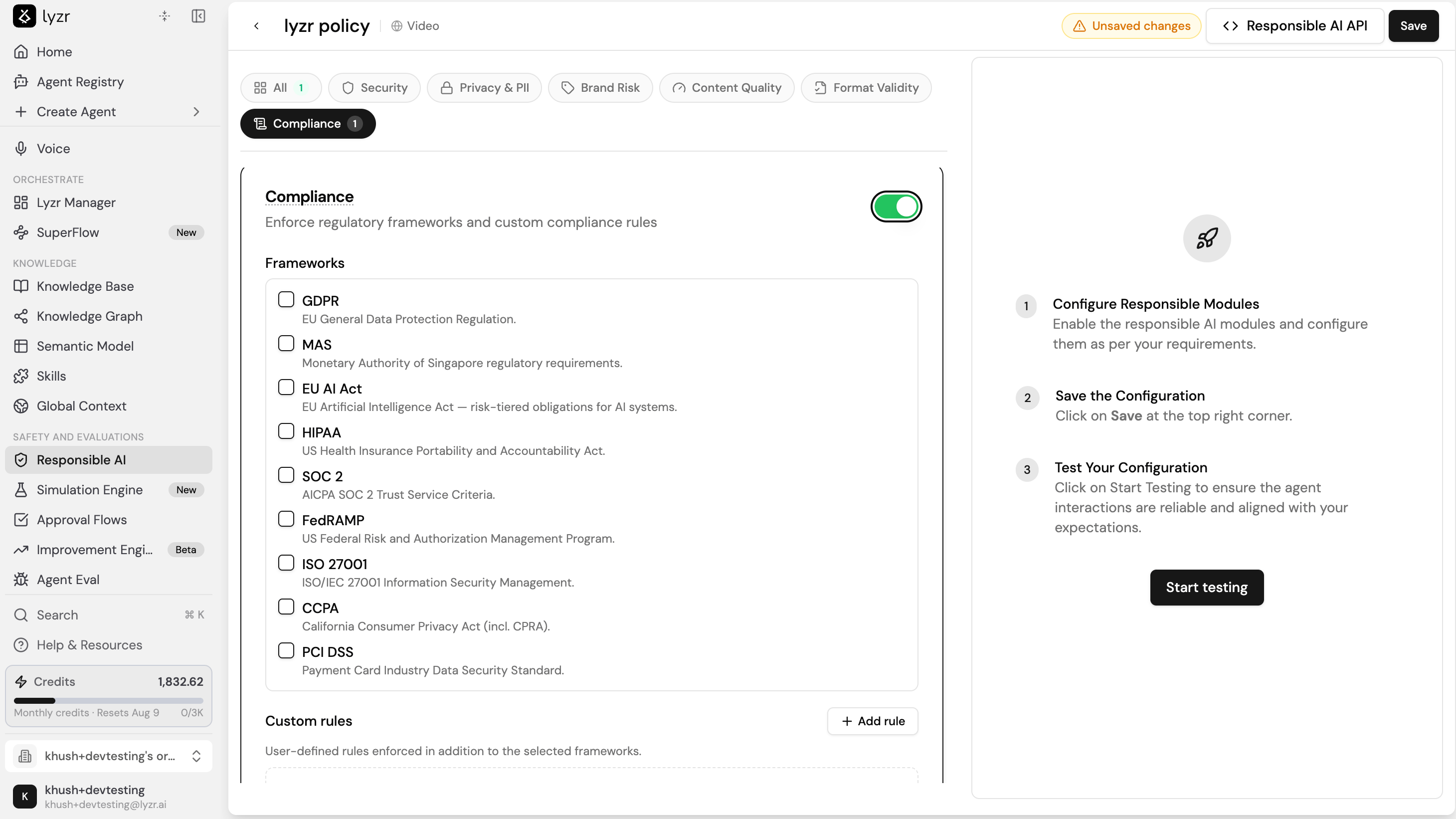 The Compliance category in the Responsible AI policy editor, showing the framework checklist and the Add rule control for custom rules.