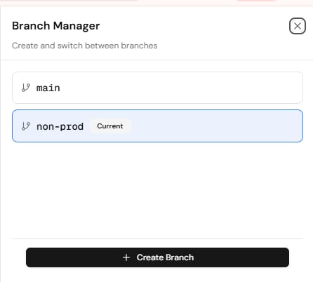 The Branch Manager, listing the main and non-prod branches with non-prod marked as current.