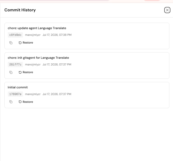 The Commit History panel, showing commits with hash, author, and timestamp, each with a Restore action.