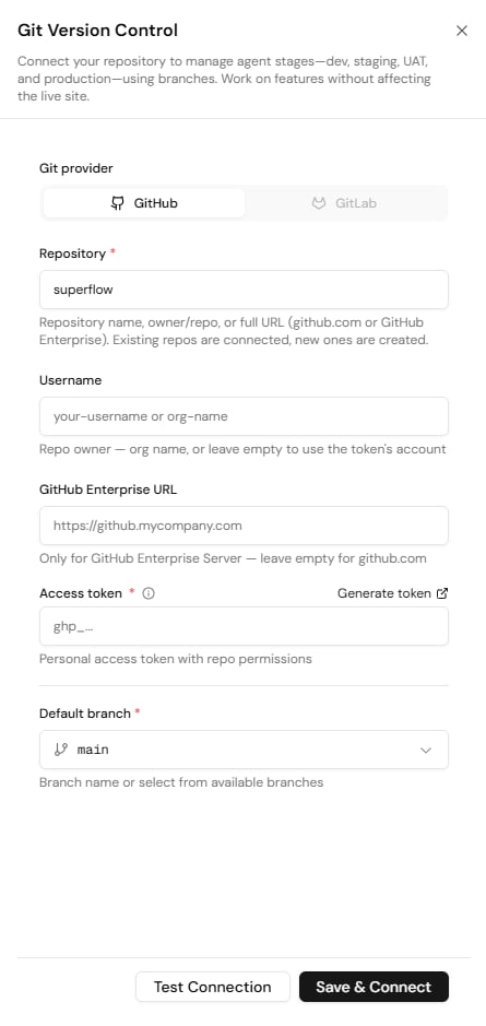 The Git Version Control panel, showing the Git provider toggle, repository, username, GitHub Enterprise URL, access token, and default branch fields.