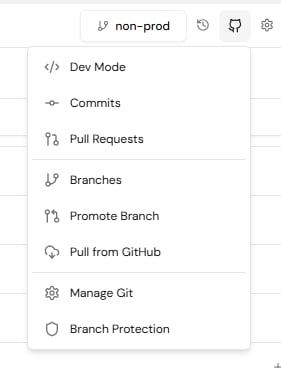 The Git menu on a connected agent, listing Dev Mode, Commits, Pull Requests, Branches, Promote Branch, Pull from GitHub, Manage Git, and Branch Protection.