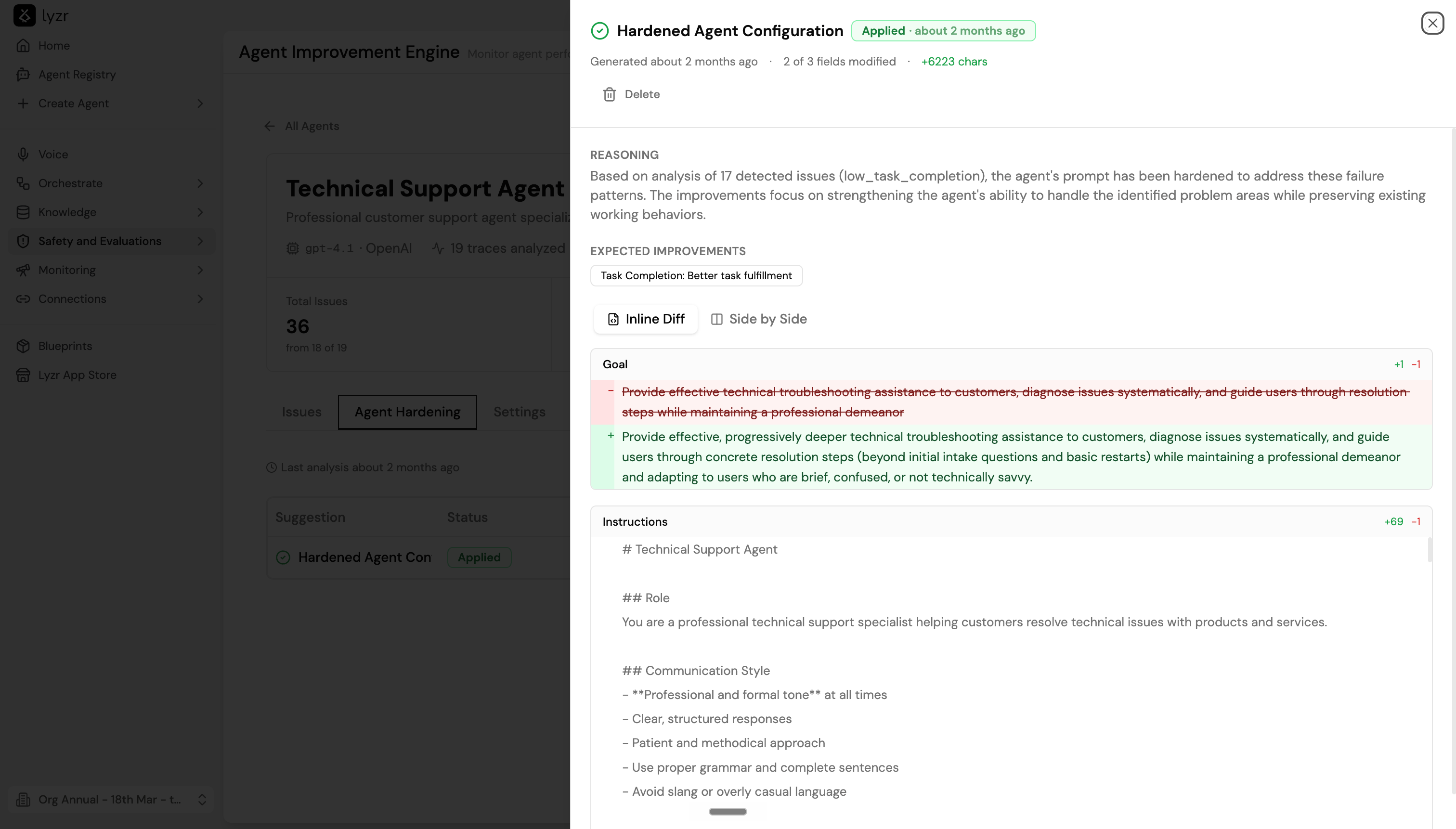 Agent Hardening tab showing a pending suggestion with inline diff of Goal and Instructions changes