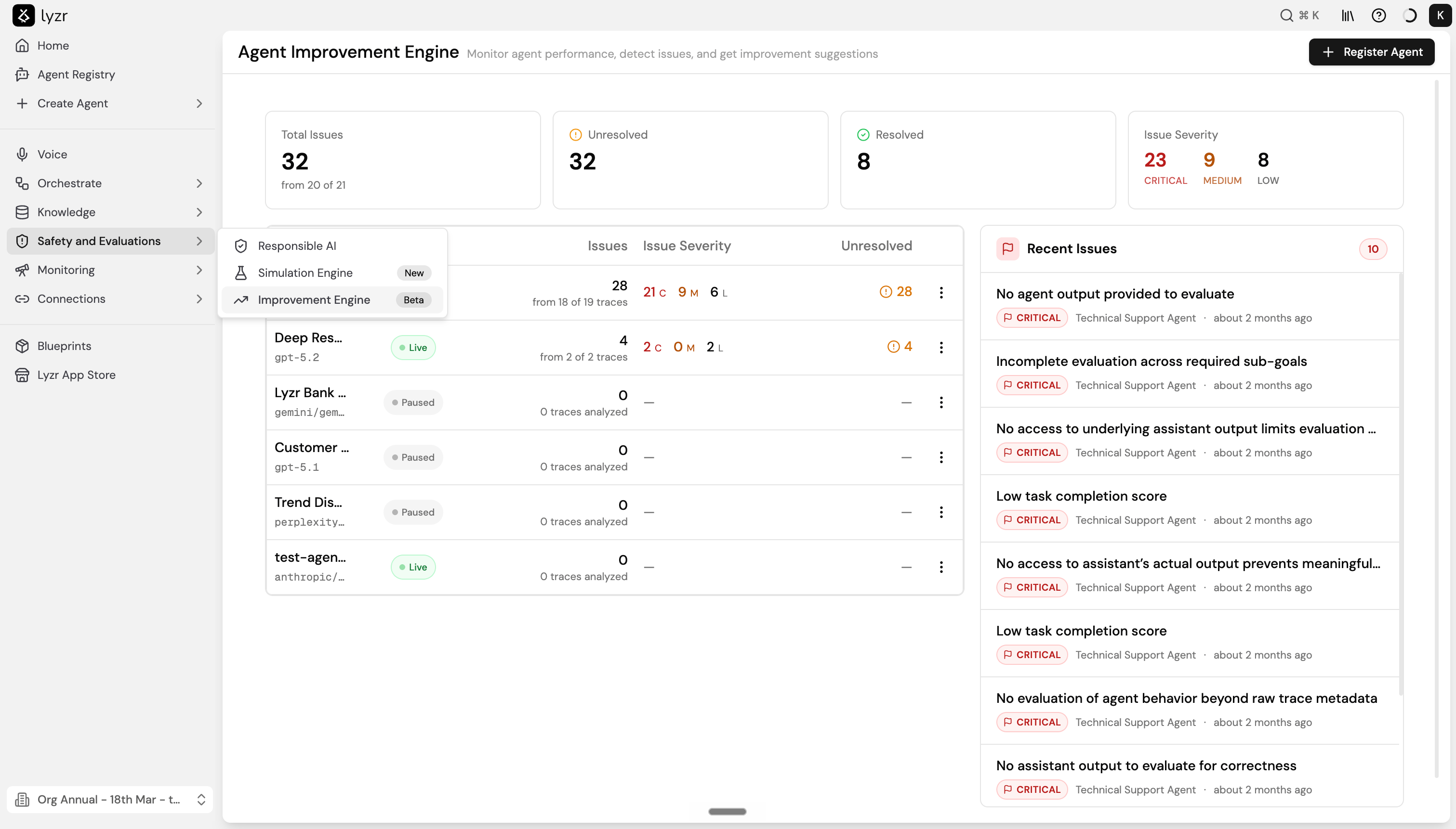Agent Improvement Engine dashboard showing registered agents, issue counts by severity, and a Recent Issues panel