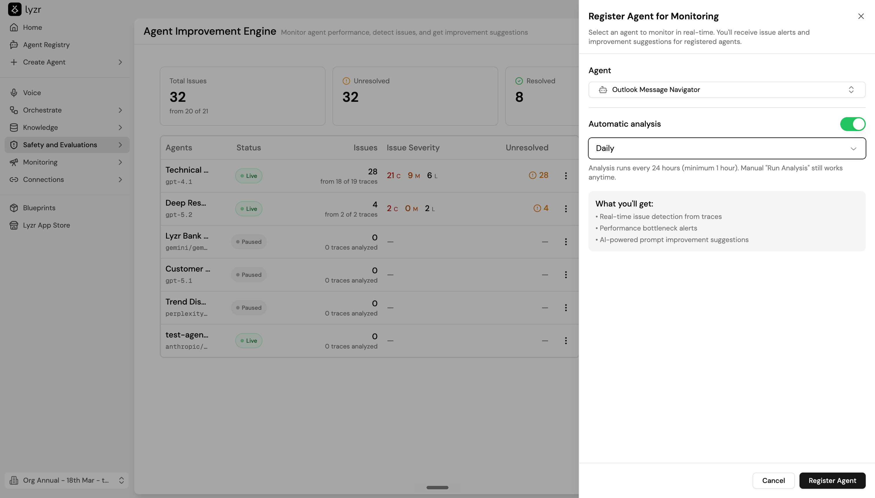 Register Agent modal showing agent selector, automatic analysis toggle, and frequency dropdown
