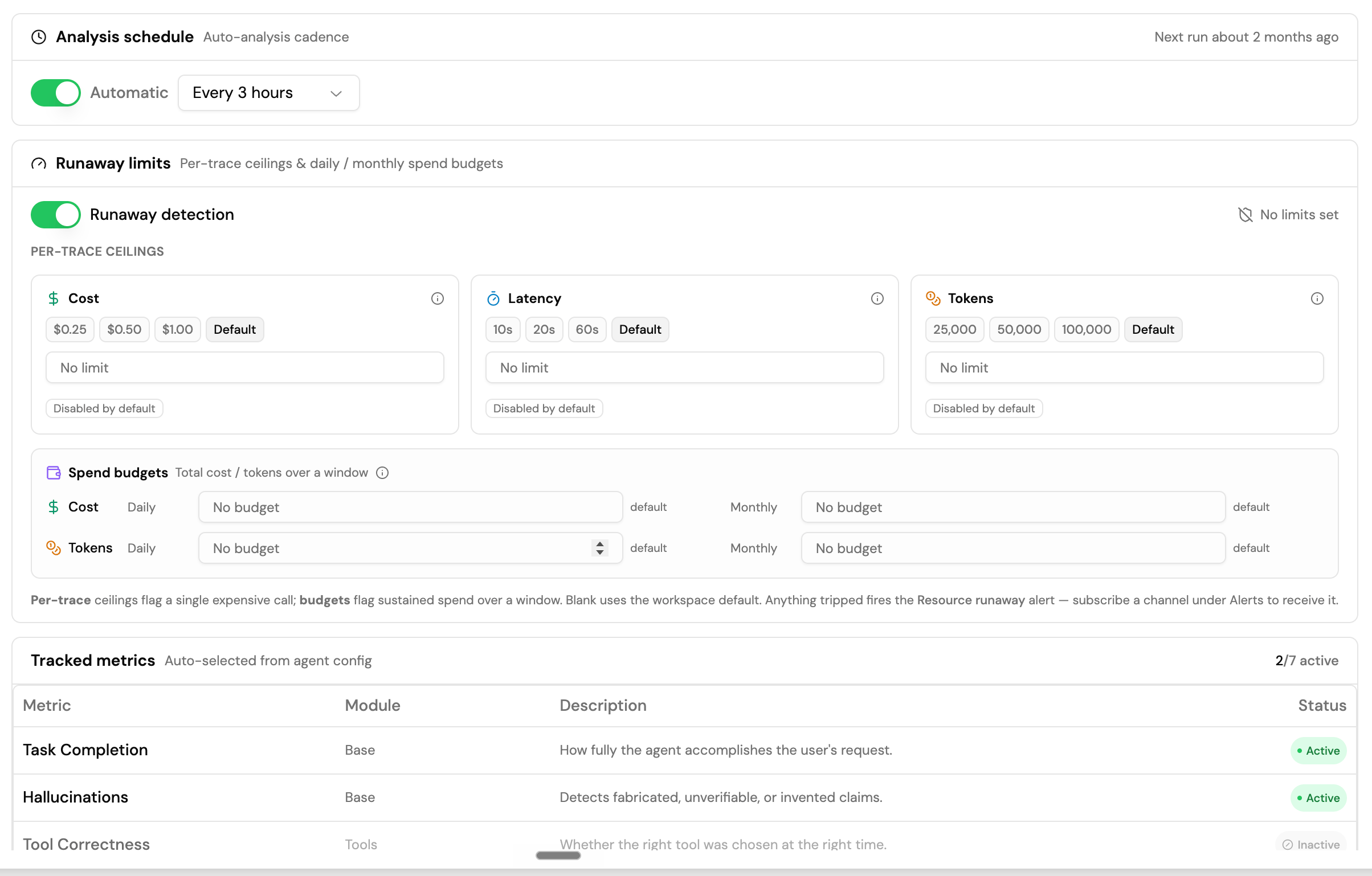 Settings tab showing analysis schedule, runaway limits with per-trace ceilings and spend budgets, tracked metrics, and email alert configuration