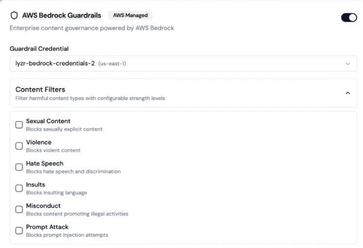 Screenshot showing a Lyzr policy with both native checks and AWS Bedrock Guardrail filters configured together.