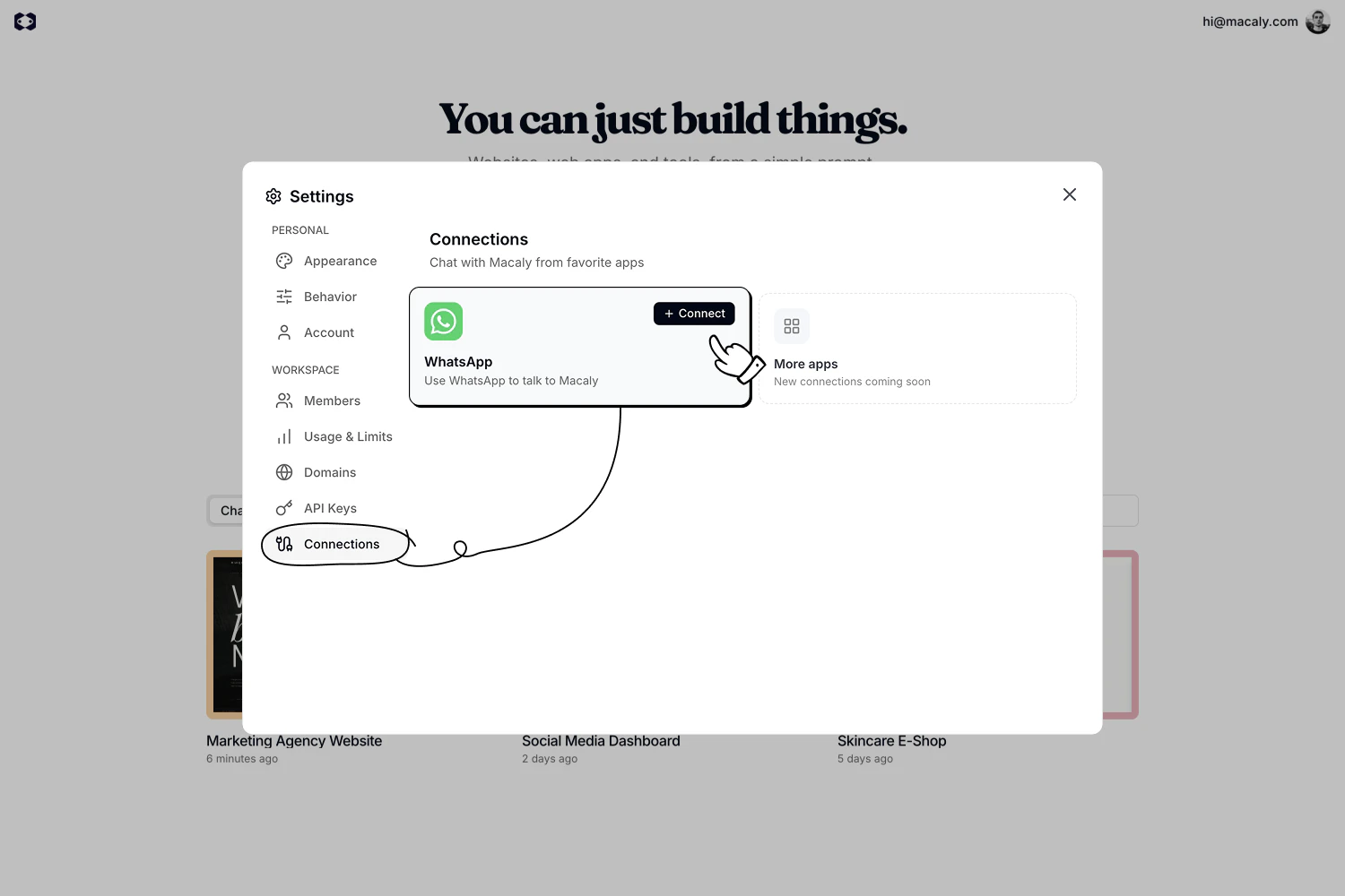 Settings Connections WhatsApp card