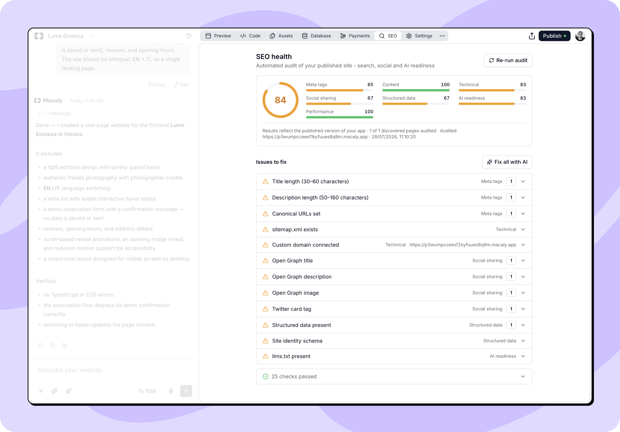 Audit SEO zdraví se skóre, rozdělením do kategorií a seznamem problémů