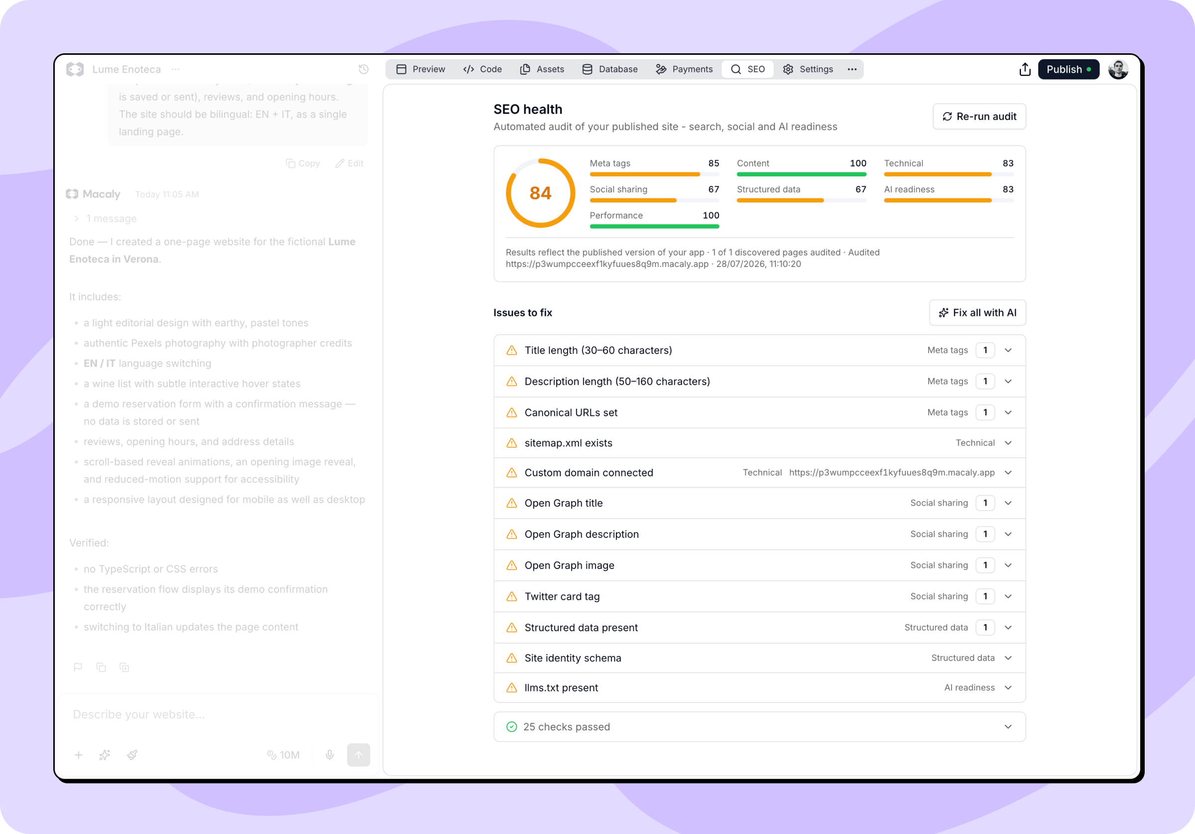 Audit SEO zdraví se skóre, rozdělením do kategorií a seznamem problémů