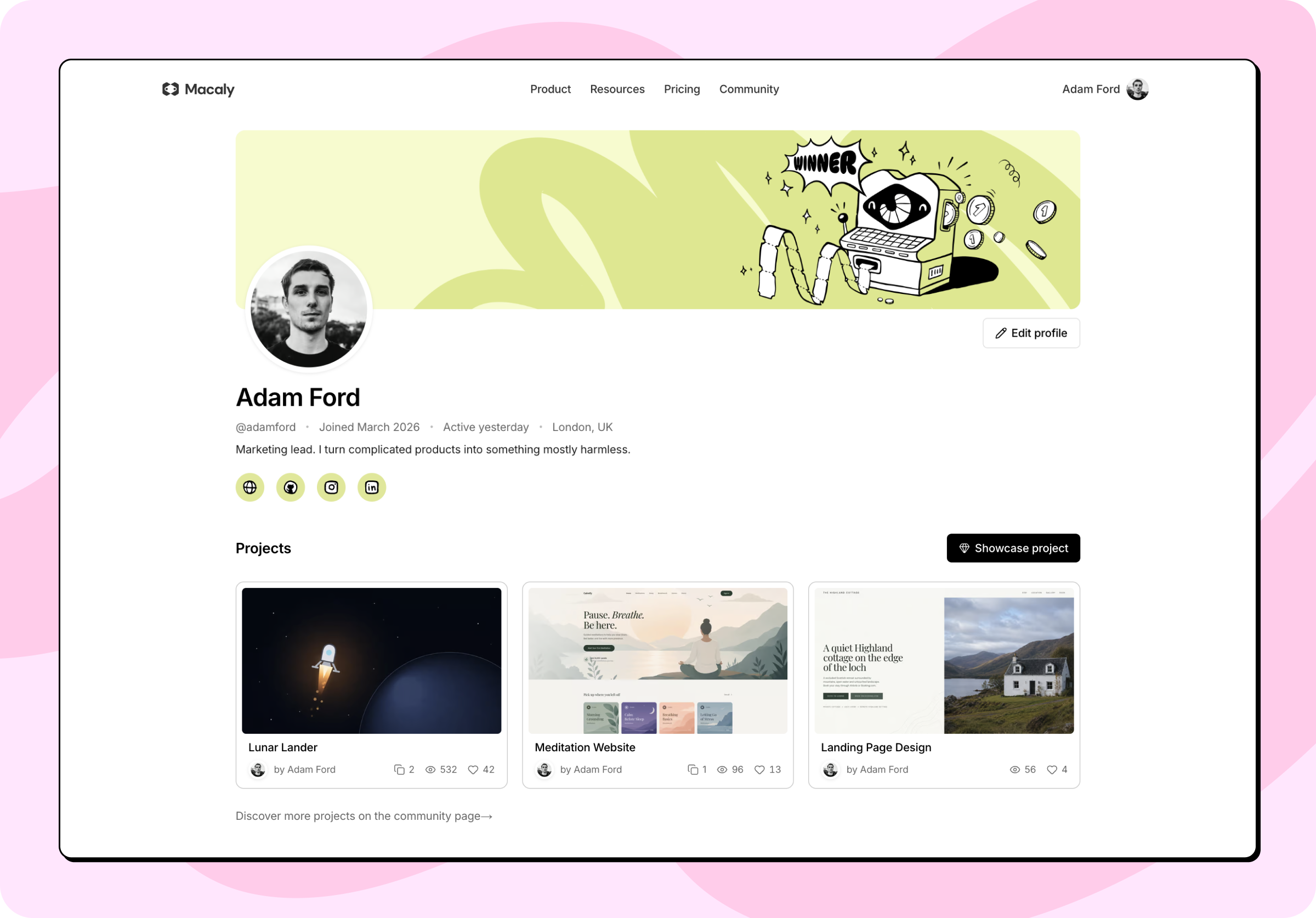 Veřejný profil s úvodním obrázkem, avatarem, biem, odkazy a třemi sdílenými projekty