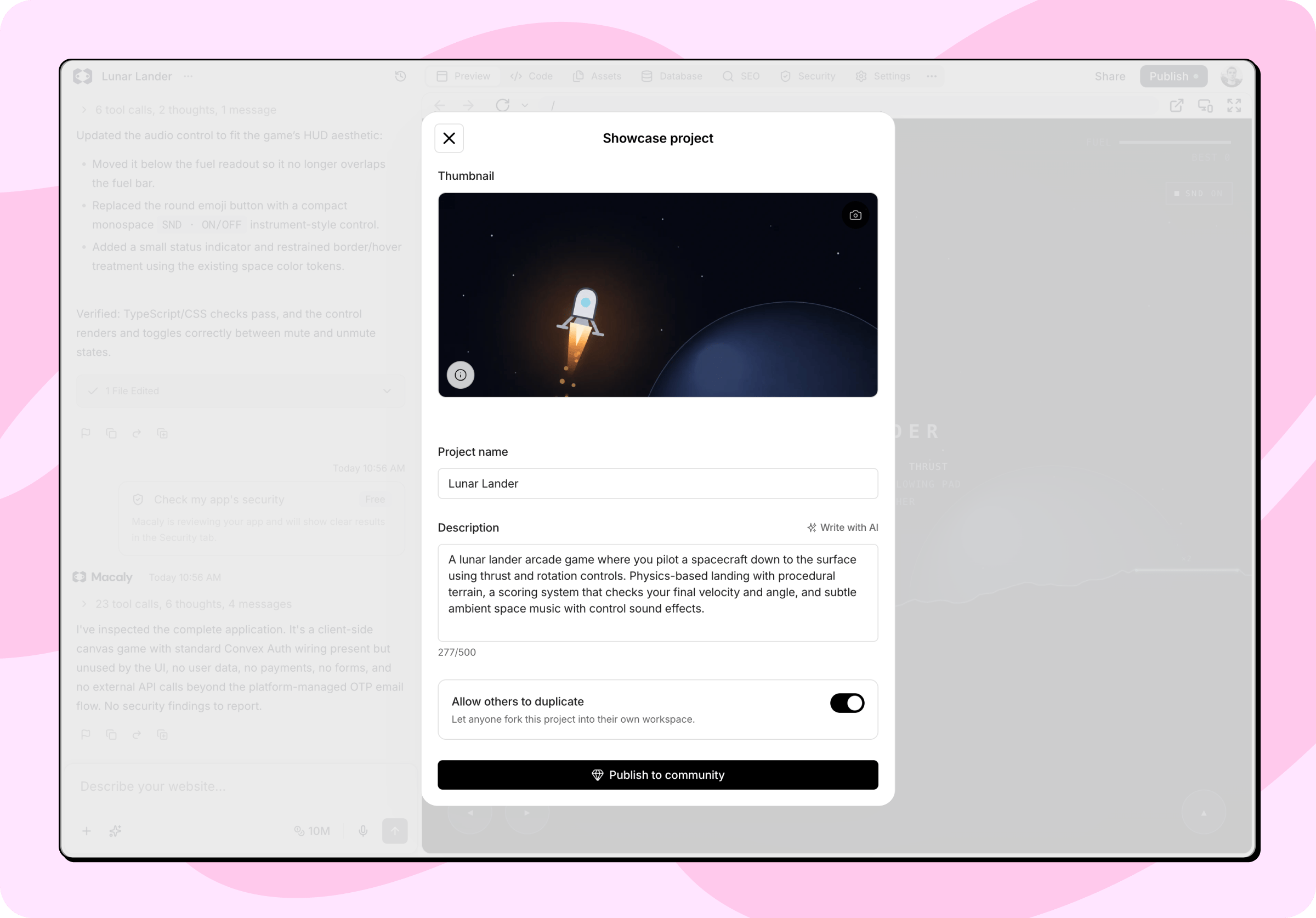 Dialog Vystavit projekt s náhledem, názvem projektu a vyplněným popisem s počítadlem znaků