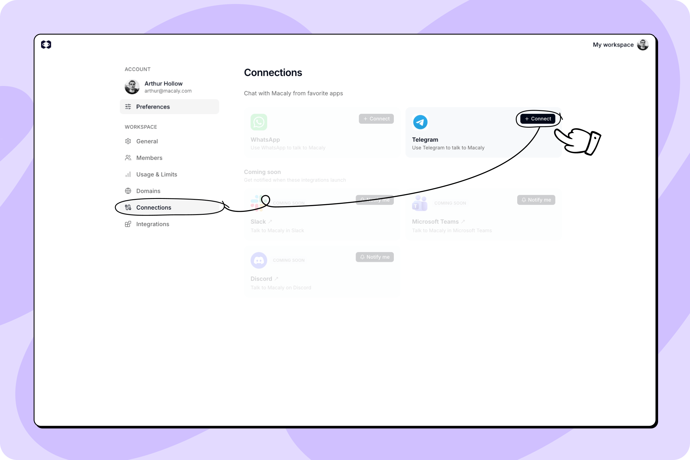 Settings Connections Telegram card