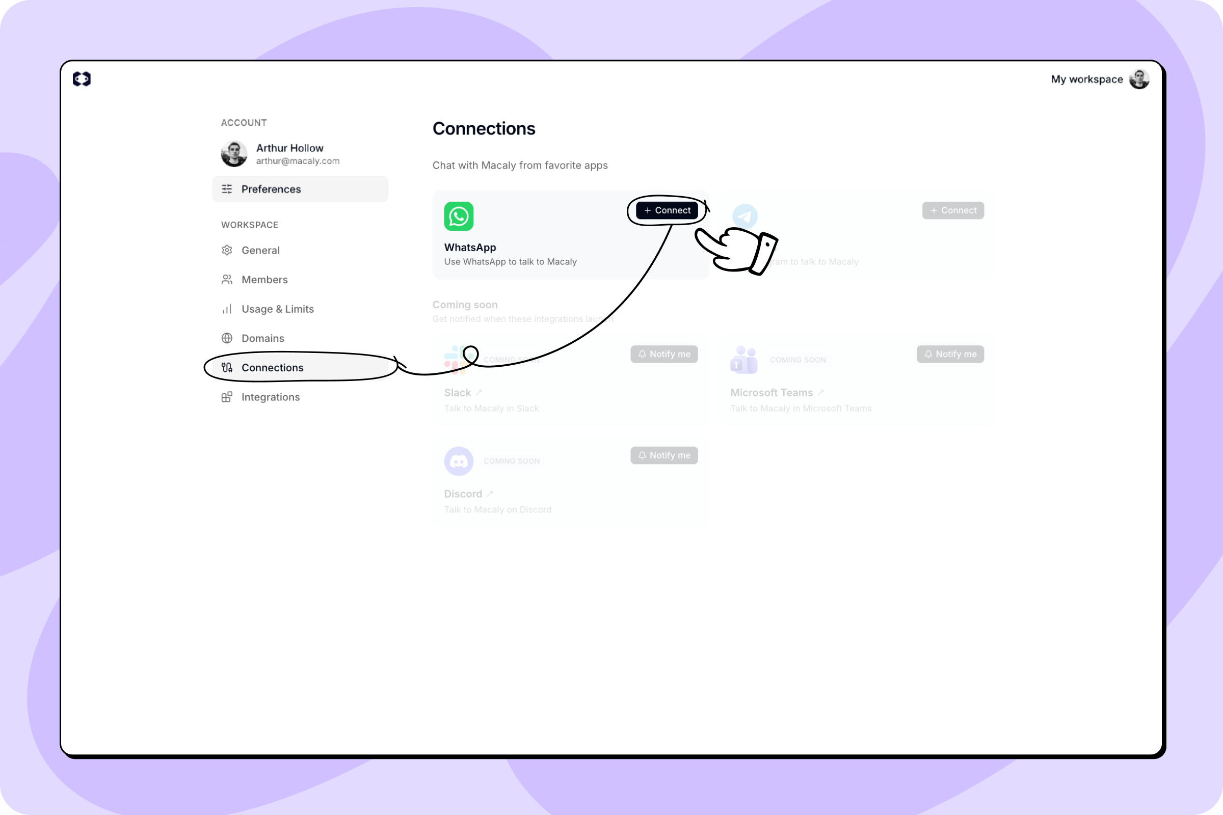 Settings Connections WhatsApp card