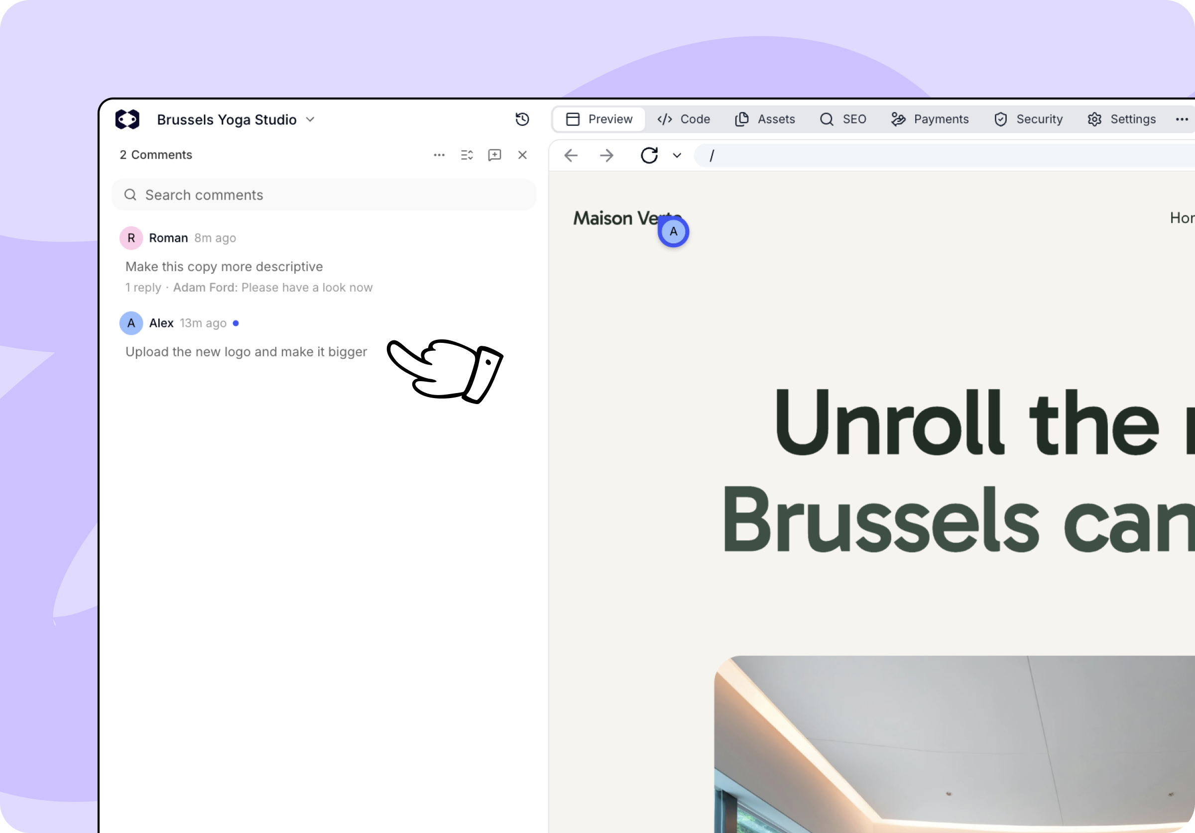 Het paneel Opmerkingen in de chat met twee gesprekken en een markering op het logo in de preview